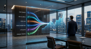 analytics room featuring a large transparent glass display visualizing marketing performance from every advertising channel converging into one accurate revenue graph