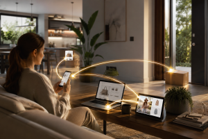 browsing products on a laptop, checking a smartphone notification, watching content on a tablet, then receiving a delivered package at the front door