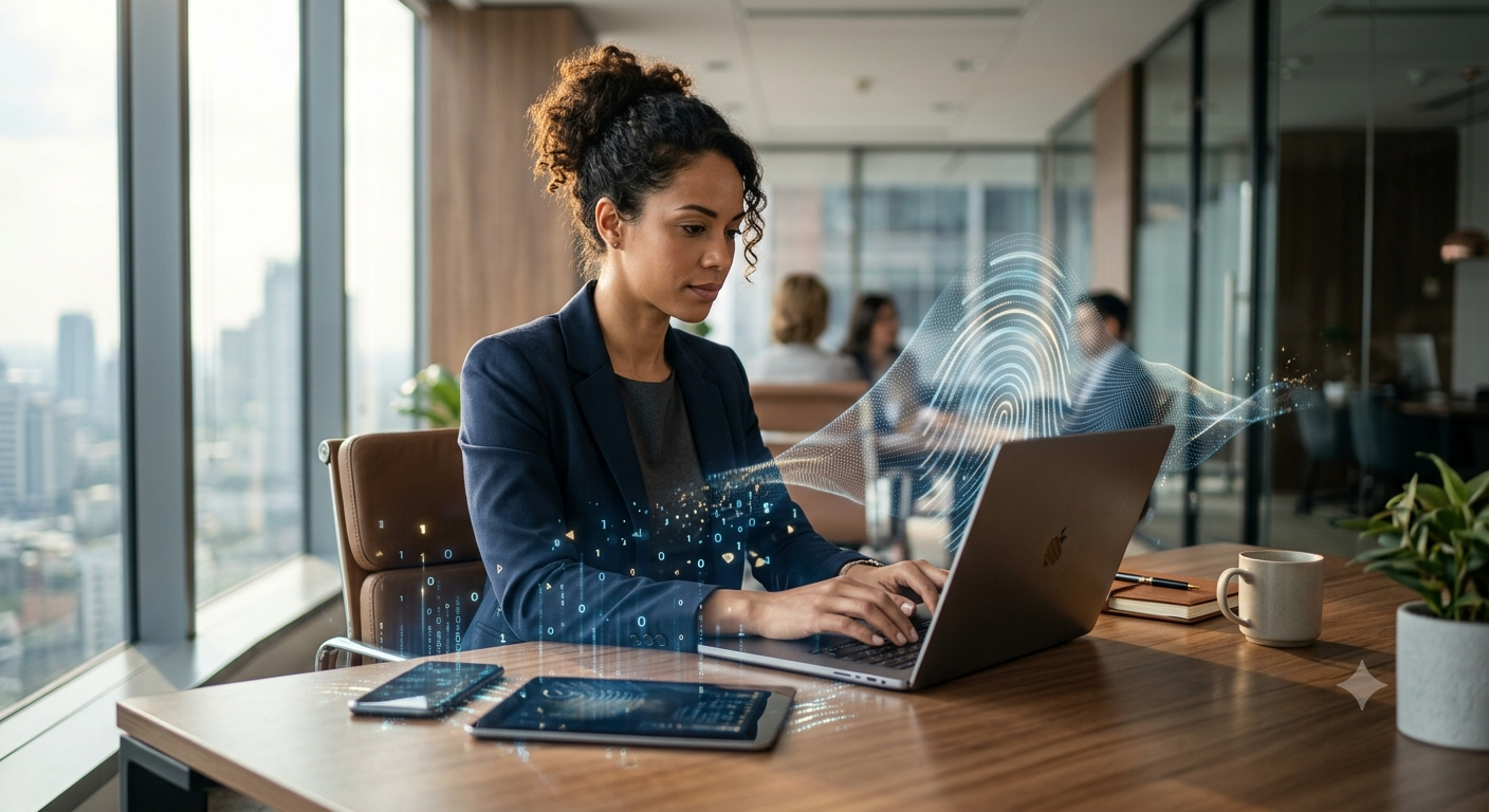 cybersecurity-inspired marketing visualization of a single professional using a laptop in a modern workspace while a smartphone and tablet rest nearby.