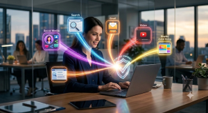 modern analytics workspace where floating holographic icons