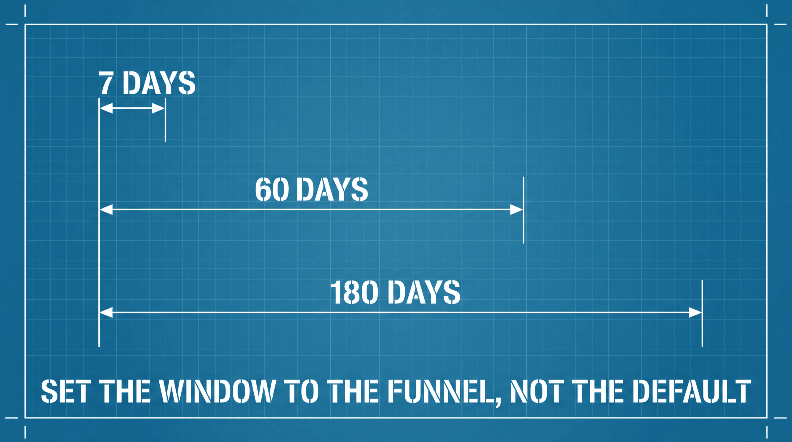 Three measured spans of 7, 60 and 180 days with the note set the window to the funnel, not the default