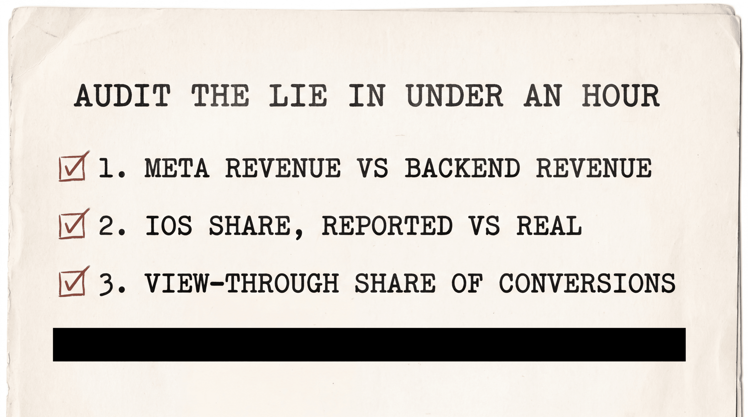 Redacted document checklist for auditing your own Meta ROAS against backend revenue