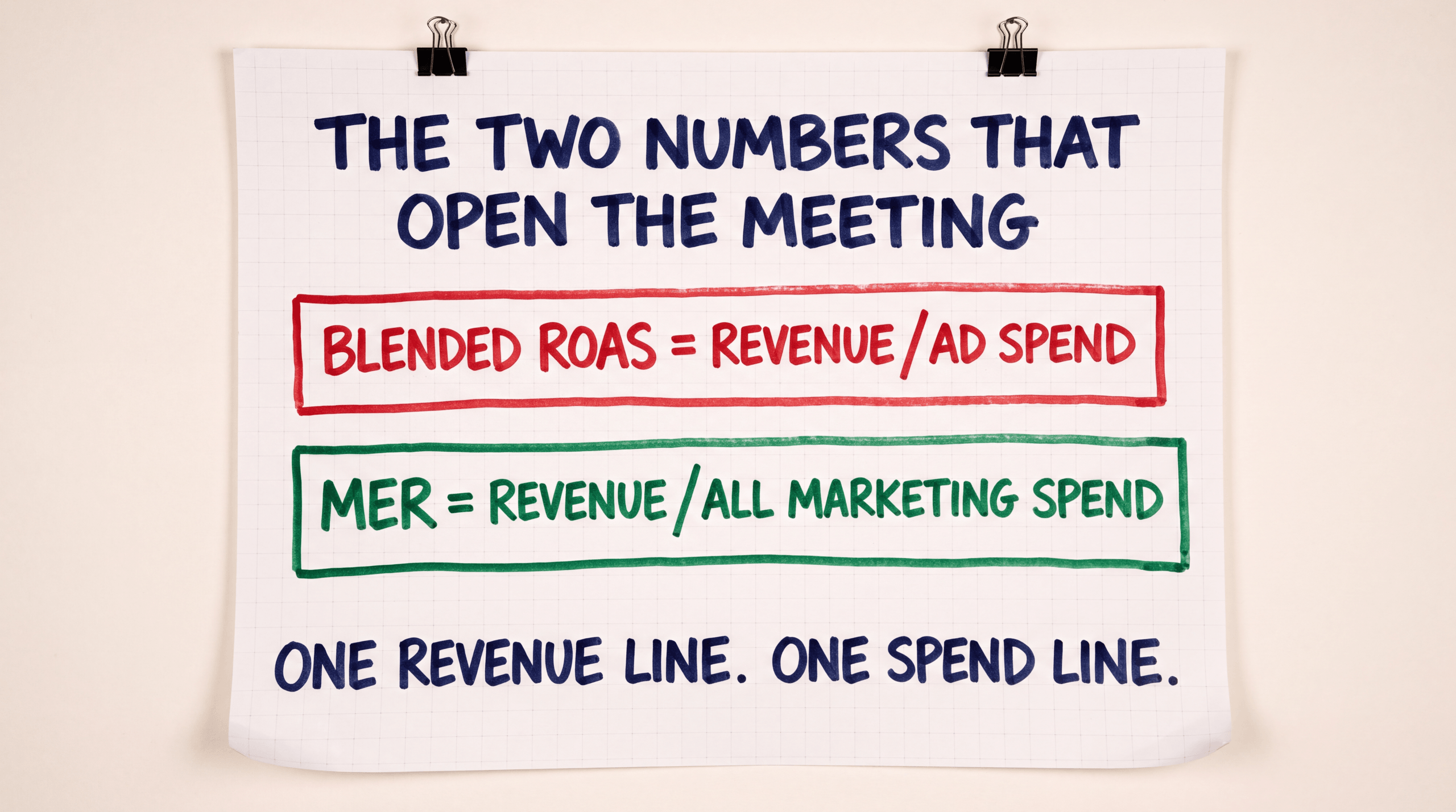 Flip-chart with the blended ROAS and MER formulas, one revenue line and one spend line