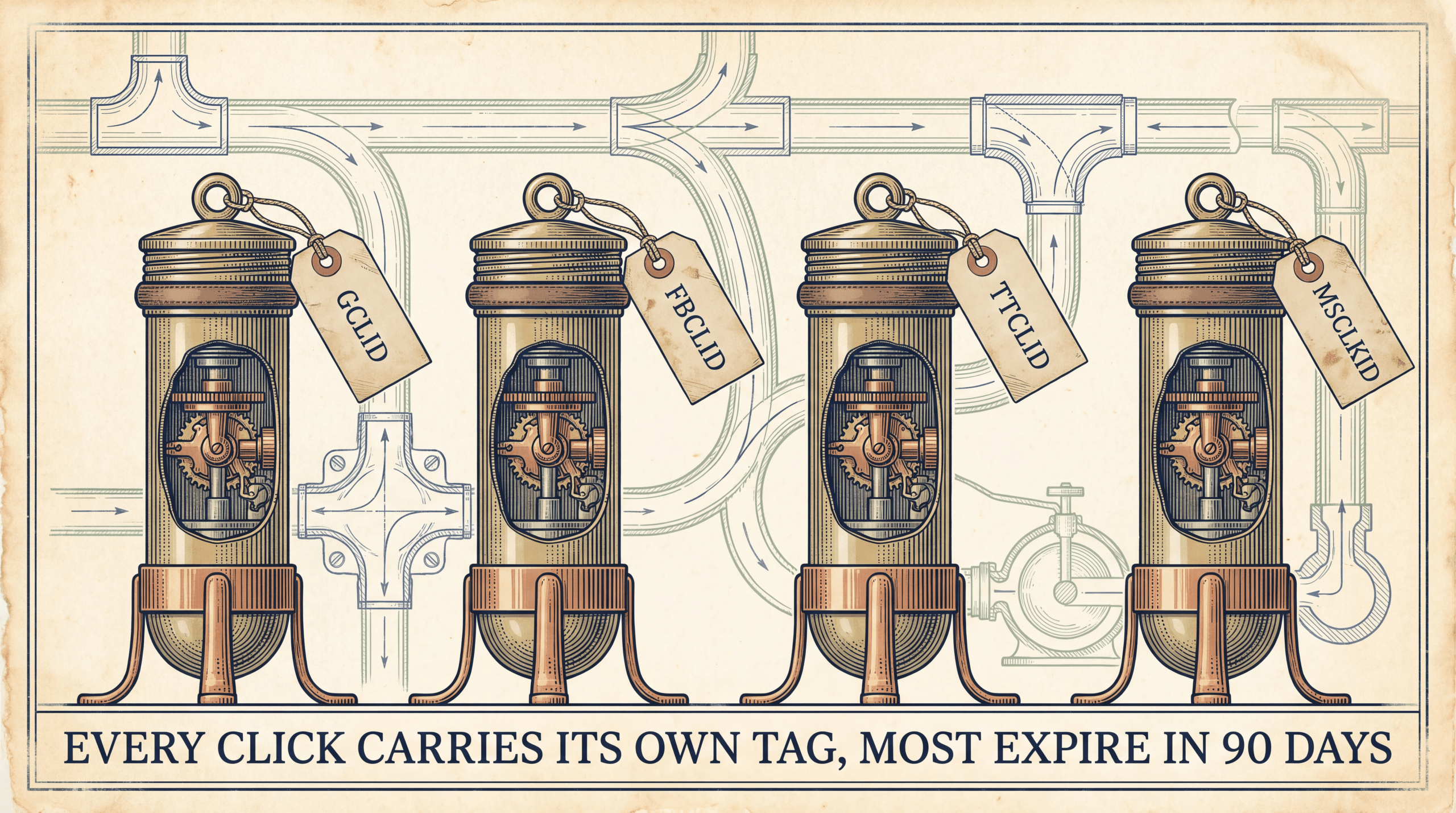 Four brass capsules tagged GCLID, FBCLID, TTCLID, and MSCLKID, most expiring in 90 days