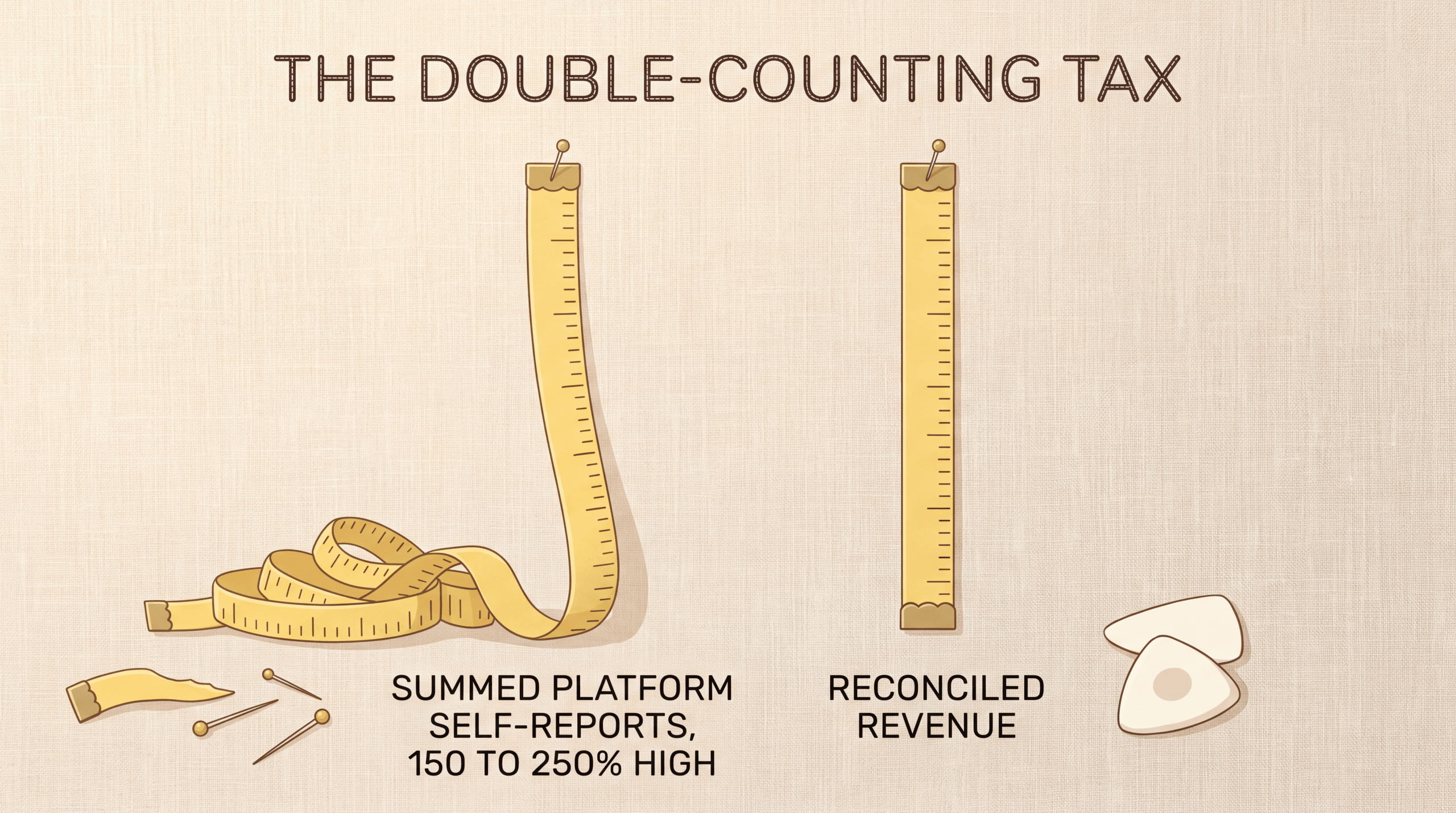 Long spilling tape vs short neat tape: summed platform self-reports run 150 to 250 percent above reconciled revenue