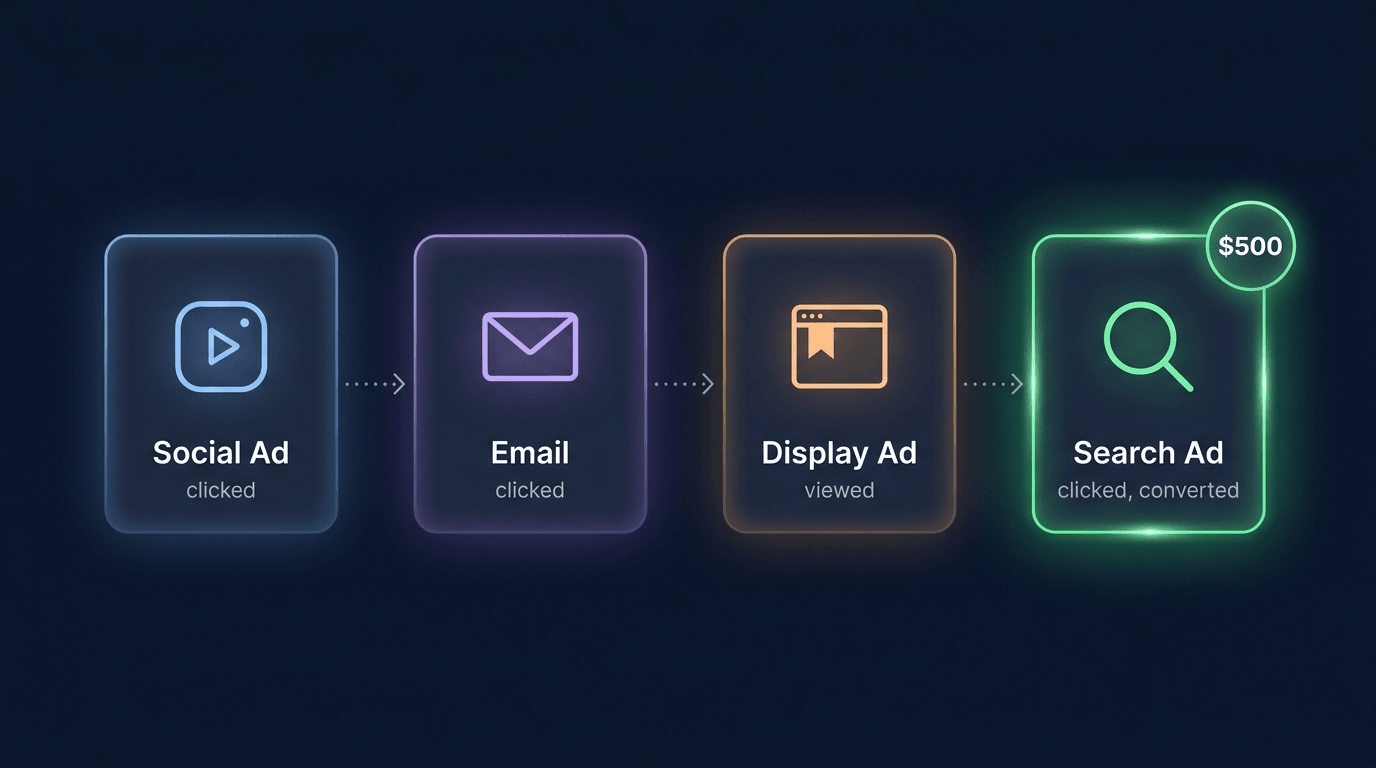 Customer journey touchpoints timeline showing Facebook, Email, Display, and Search Ad