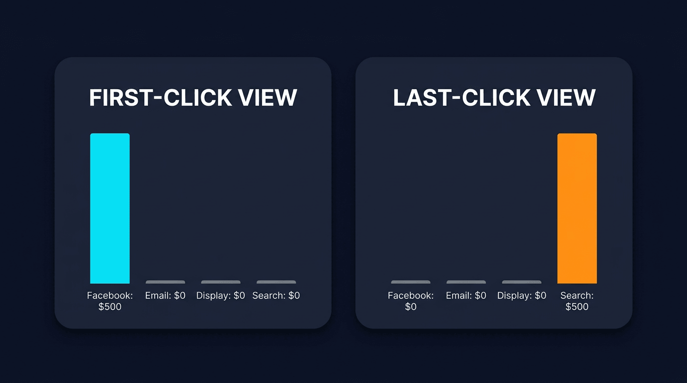 First-click vs last-click revenue attribution comparison for a $500 sale