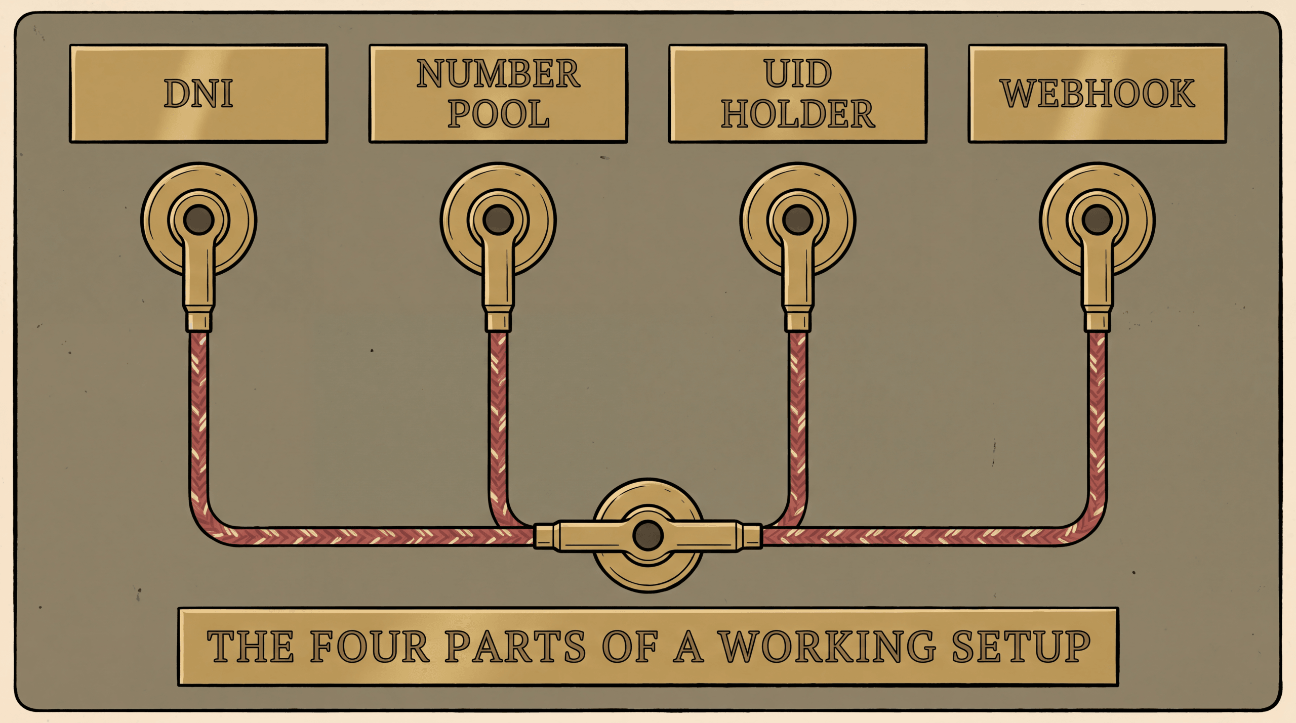 Four labelled jacks for DNI, number pool, UID holder and webhook all wired into one central socket