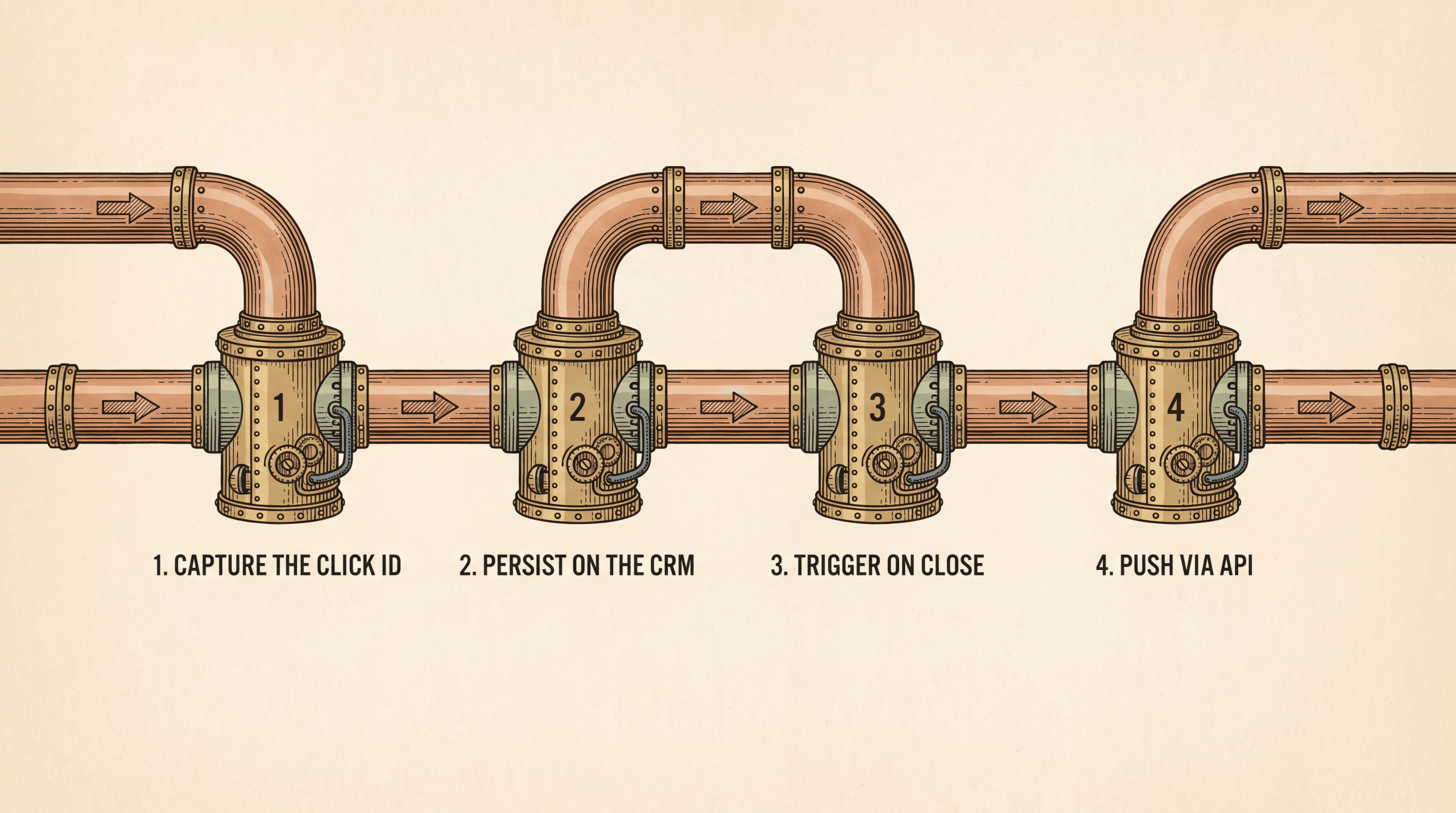 Brass tube passing through four stations: capture the click ID, persist on the CRM, trigger on close, push via API