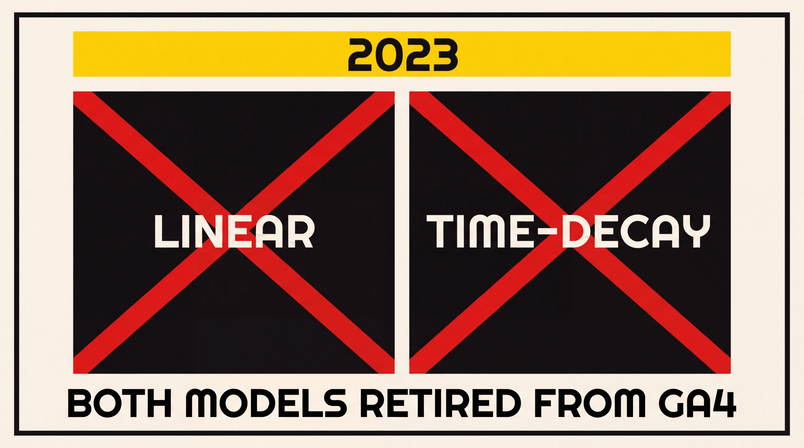 Two black panels labelled Linear and Time-Decay, each crossed out in red, beneath a yellow band reading 2023