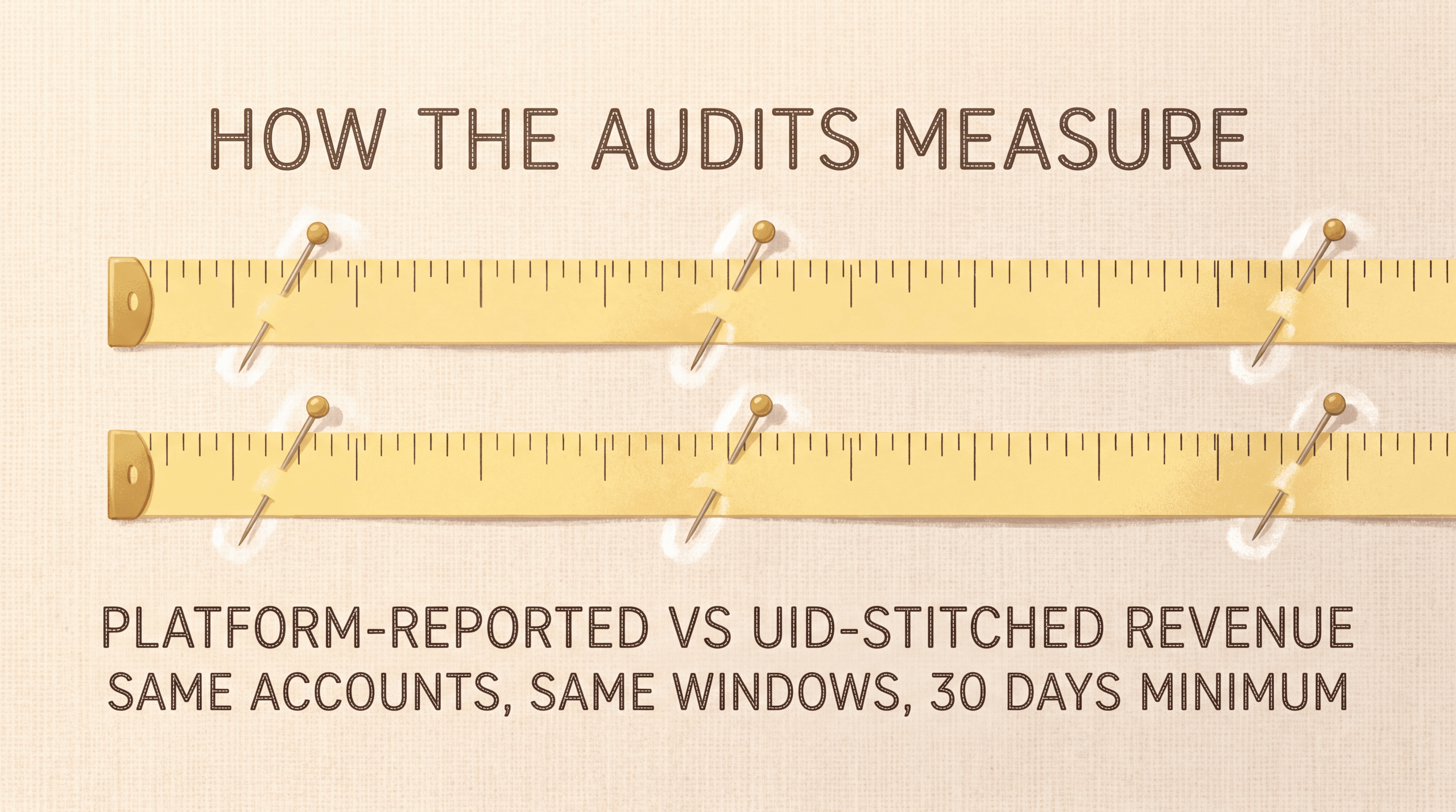 Two parallel pinned tapes: platform-reported vs UID-stitched revenue, same accounts, same windows, 30 days minimum