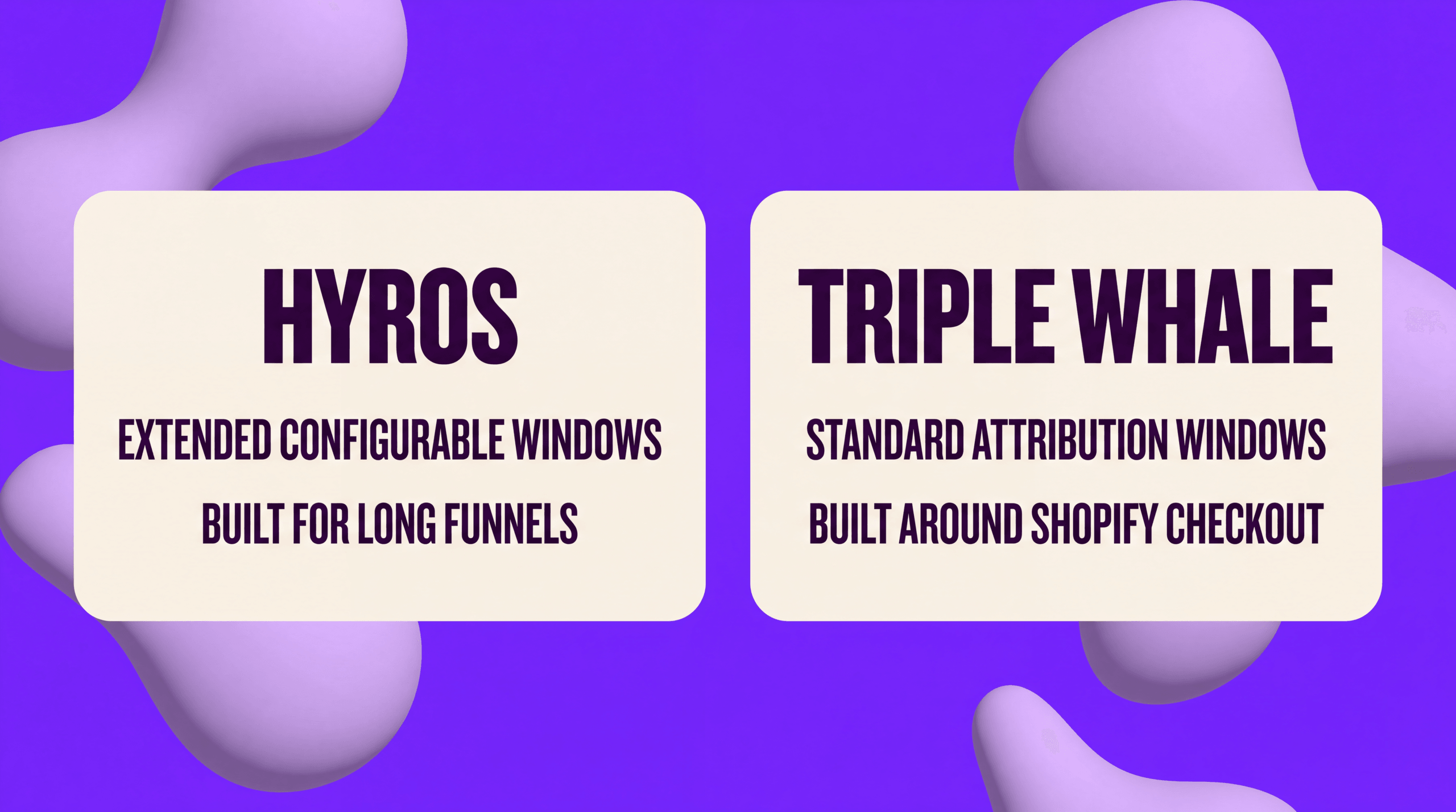 Two cards contrasting Hyros extended configurable windows built for long funnels with Triple Whale standard windows built around Shopify checkout