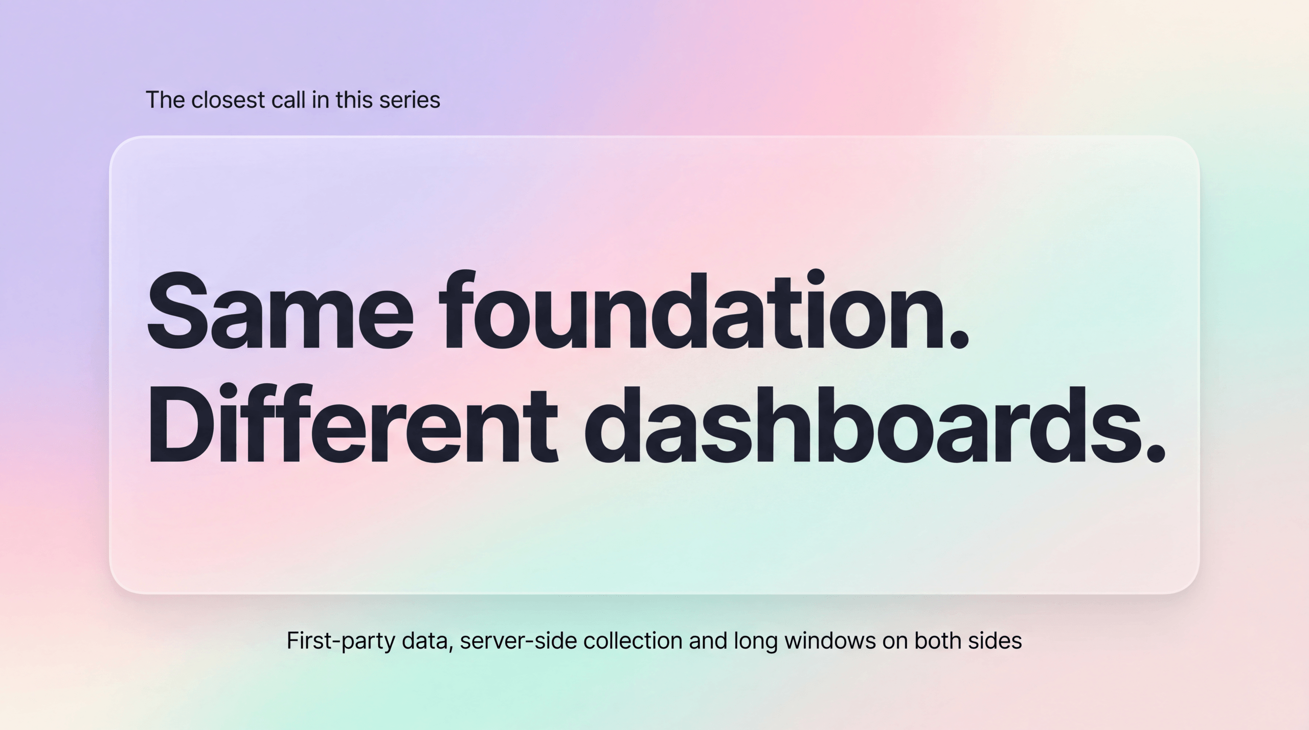 A frosted glass card reading Same foundation. Different dashboards. with the caption first-party data, server-side collection and long windows on both sides
