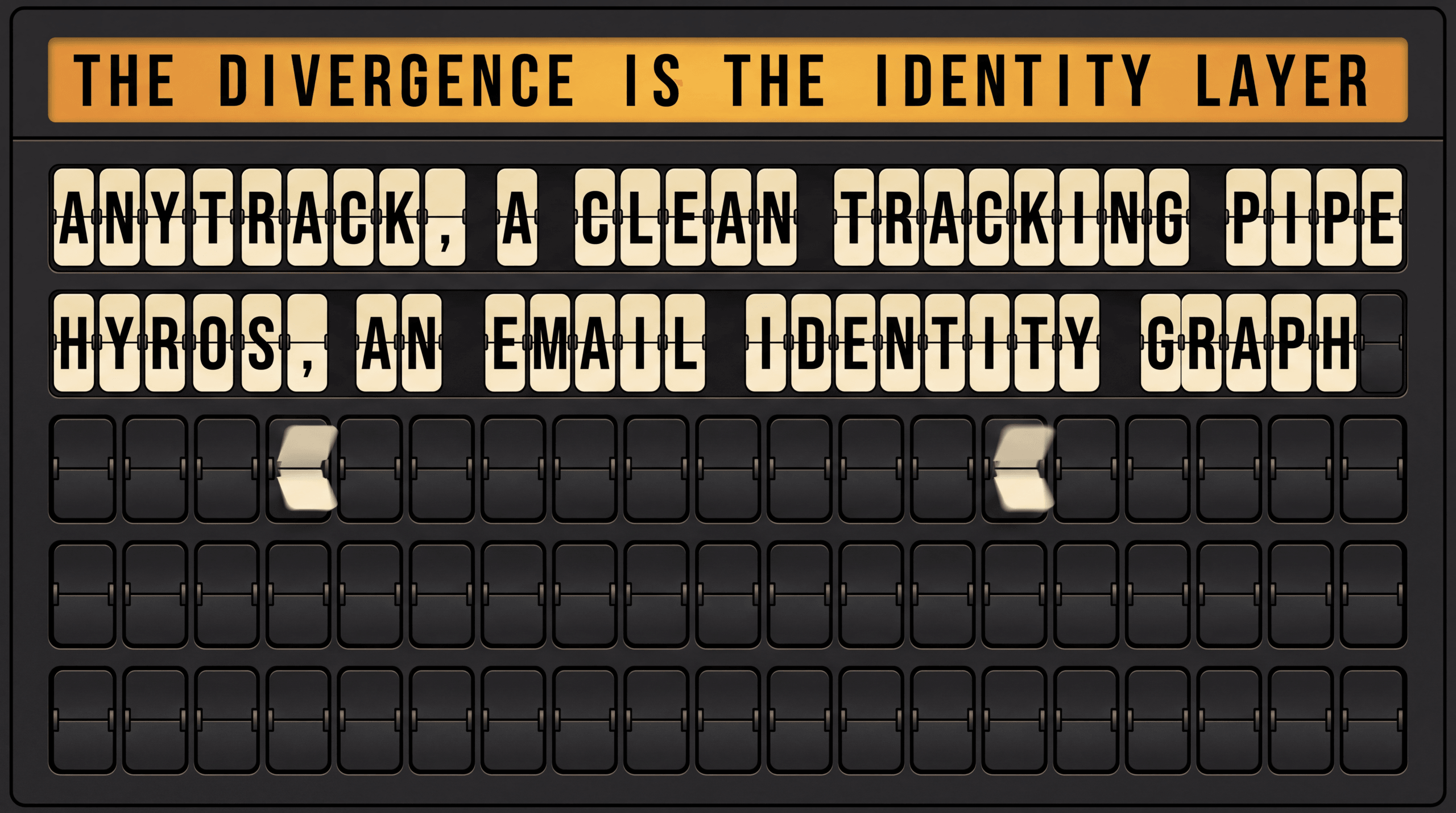 Split-flap board contrasting AnyTrack as a clean tracking pipe with Hyros as an email identity graph