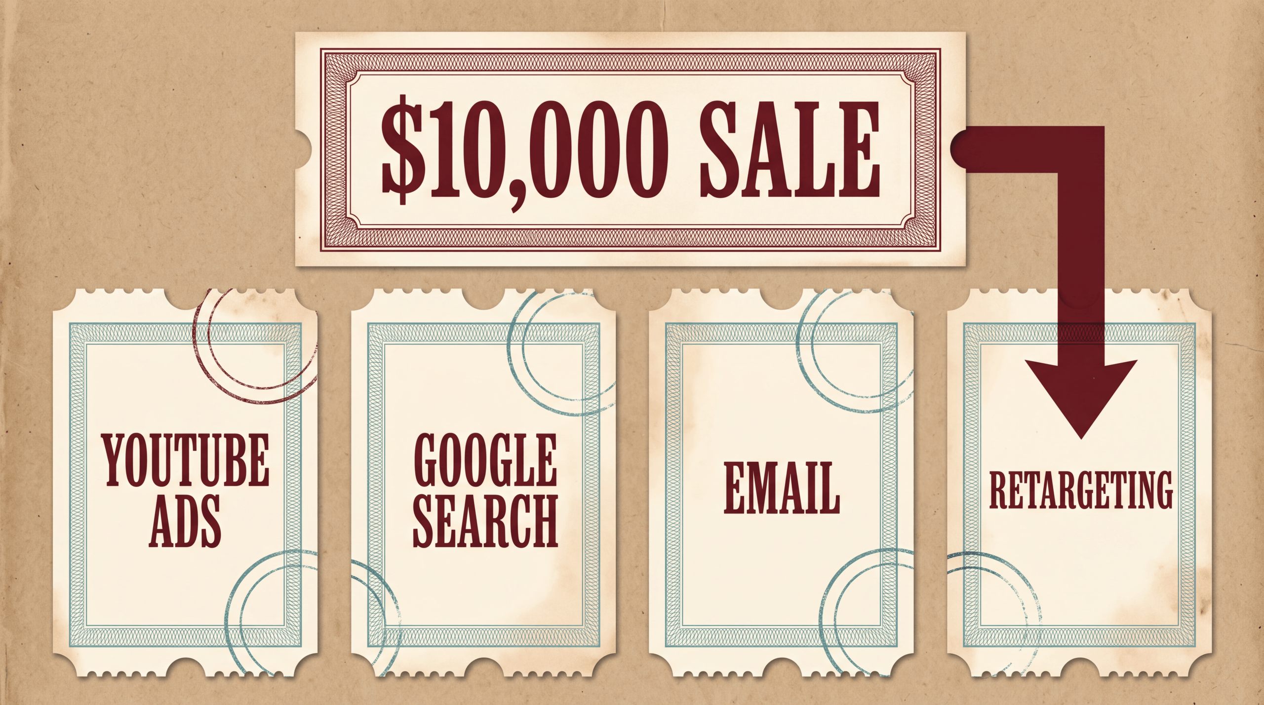 A $10,000 sale panel with an arrow bypassing YouTube Ads, Google Search and Email to credit Retargeting alone
