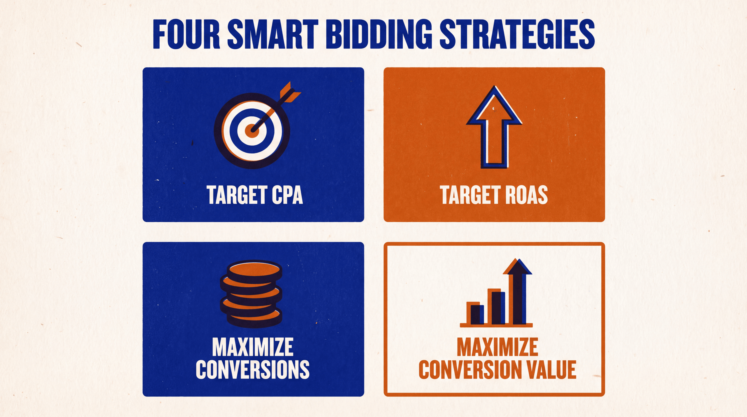Four Smart Bidding strategies shown in a grid: Target CPA, Target ROAS, Maximize Conversions and Maximize Conversion Value