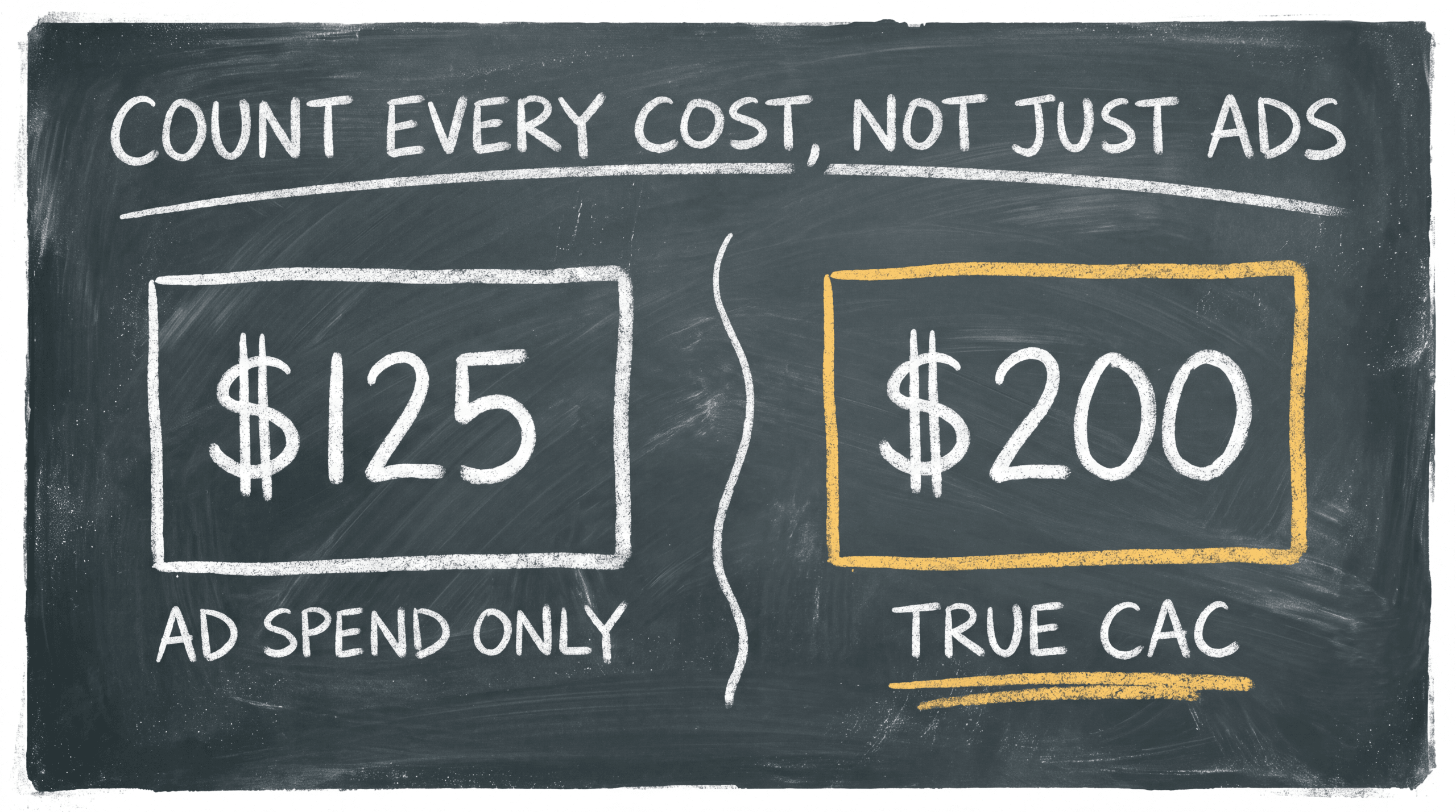 Chalkboard comparison showing $125 counting ad spend only versus $200 true CAC when all costs are included