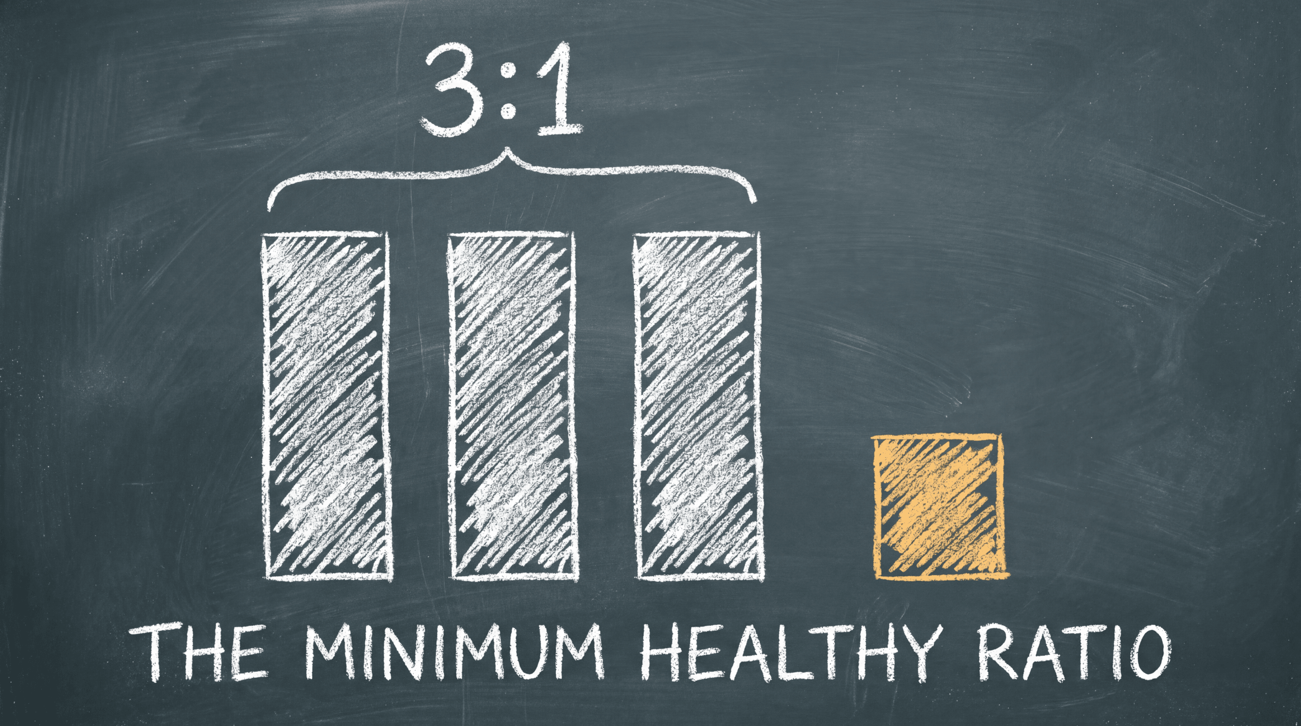 Chalkboard illustration of a 3 to 1 ratio, three tall columns against one short column, labelled the minimum healthy ratio