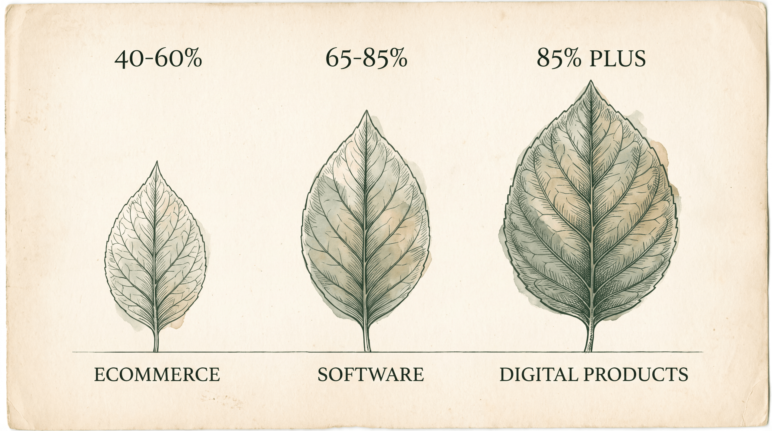 Three leaves of increasing size showing gross margin ranges of 40-60% for ecommerce, 65-85% for software and 85% plus for digital products