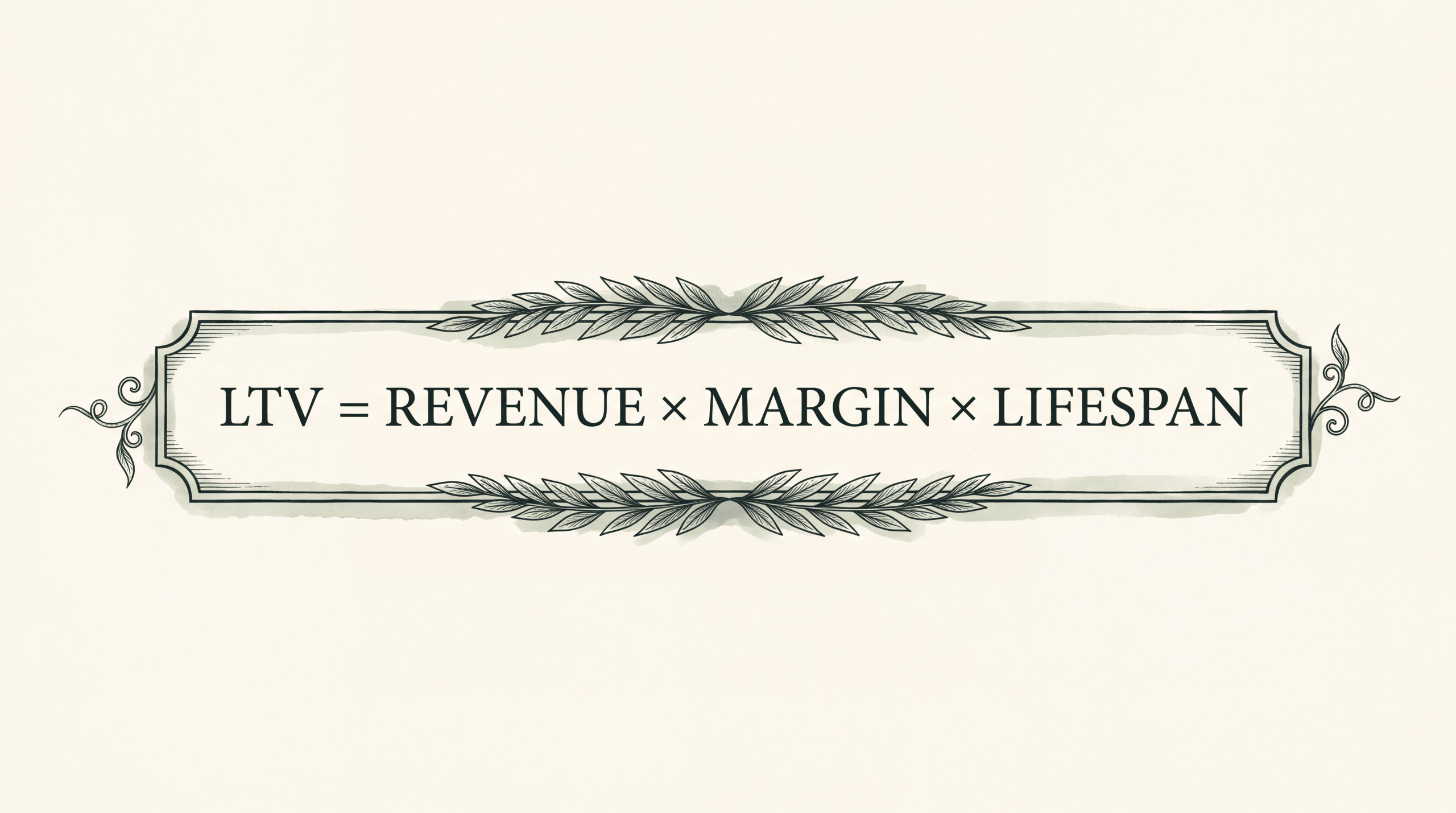 Decorative cartouche showing the formula LTV equals revenue times margin times lifespan