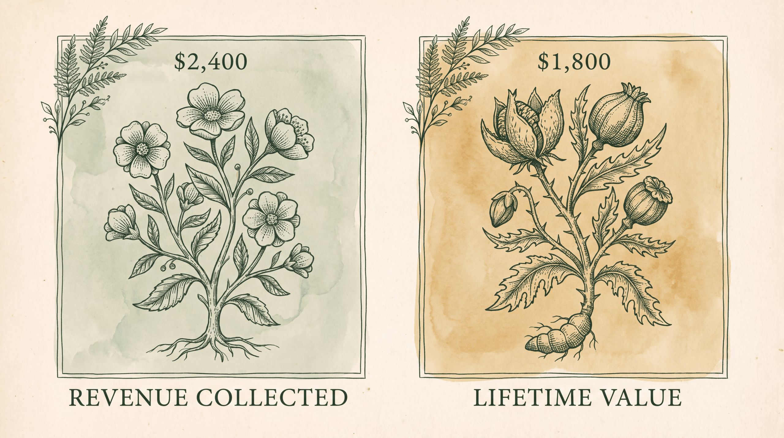 Two herbarium panels comparing $2,400 revenue collected against $1,800 lifetime value after gross margin