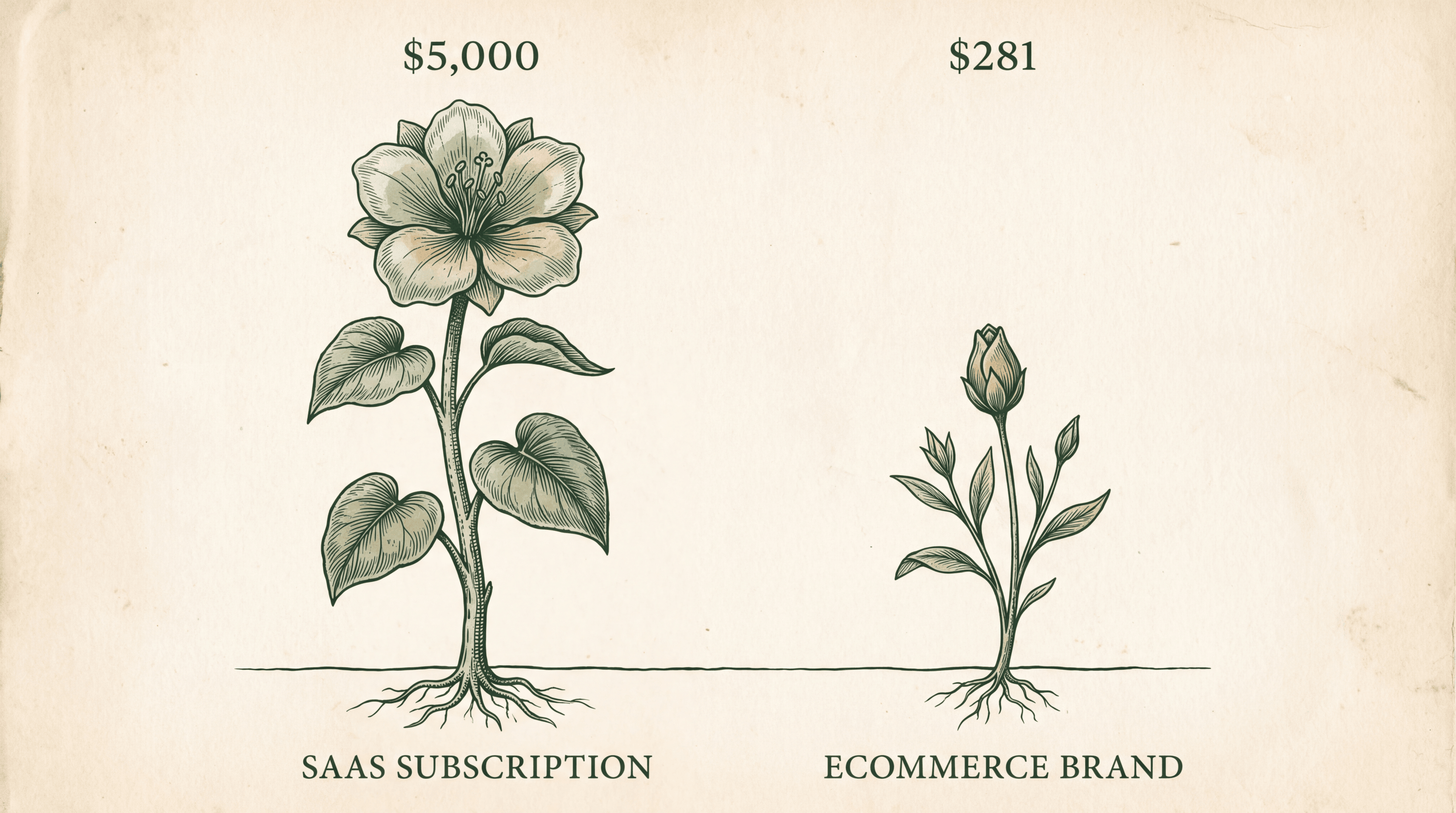 Two botanical specimens comparing a $5,000 SaaS subscription lifetime value against a $281 ecommerce brand