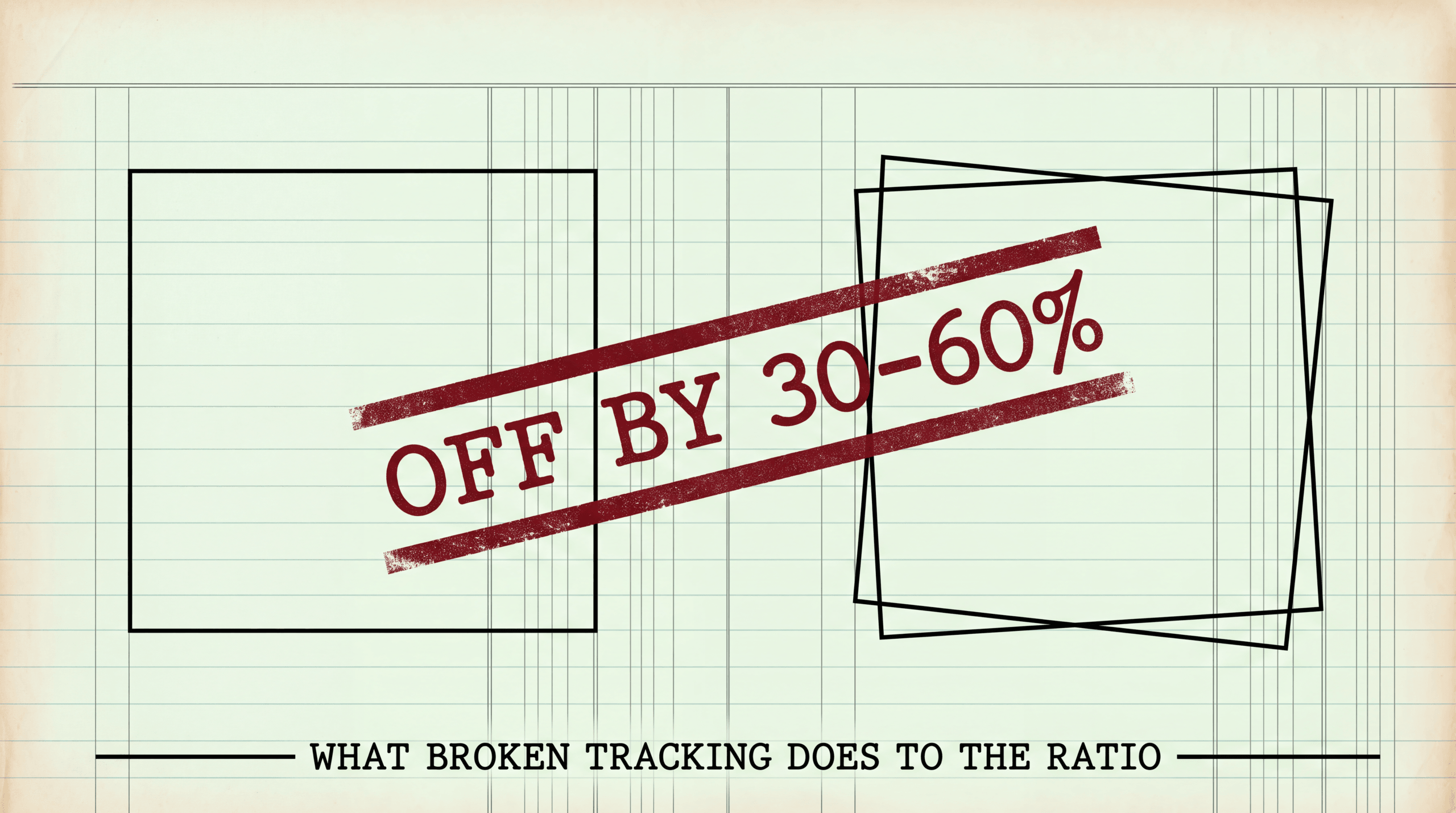 Ledger page stamped Off By 30-60%, showing what broken tracking does to the LTV to CAC ratio