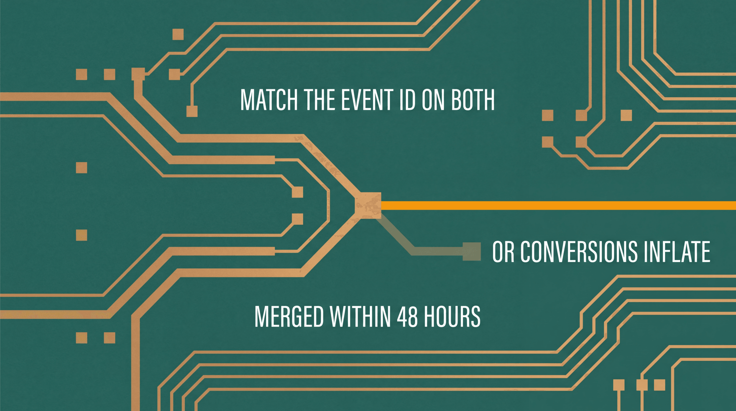 Two traces merging at a junction, one continuing and one dead-ending, showing event deduplication within 48 hours