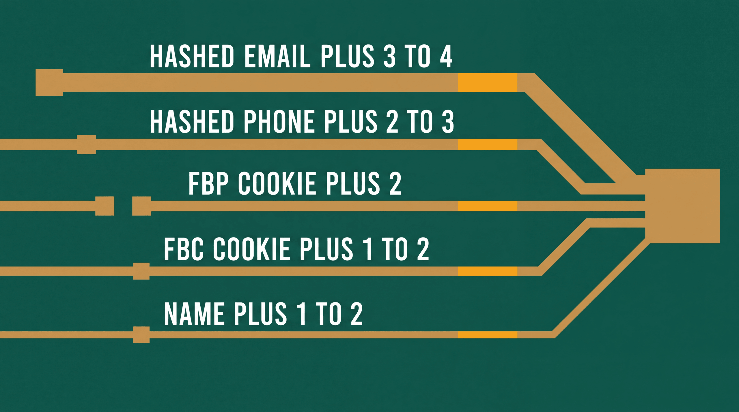 Traces of decreasing width showing how much each parameter adds to Event Match Quality, hashed email contributing the most