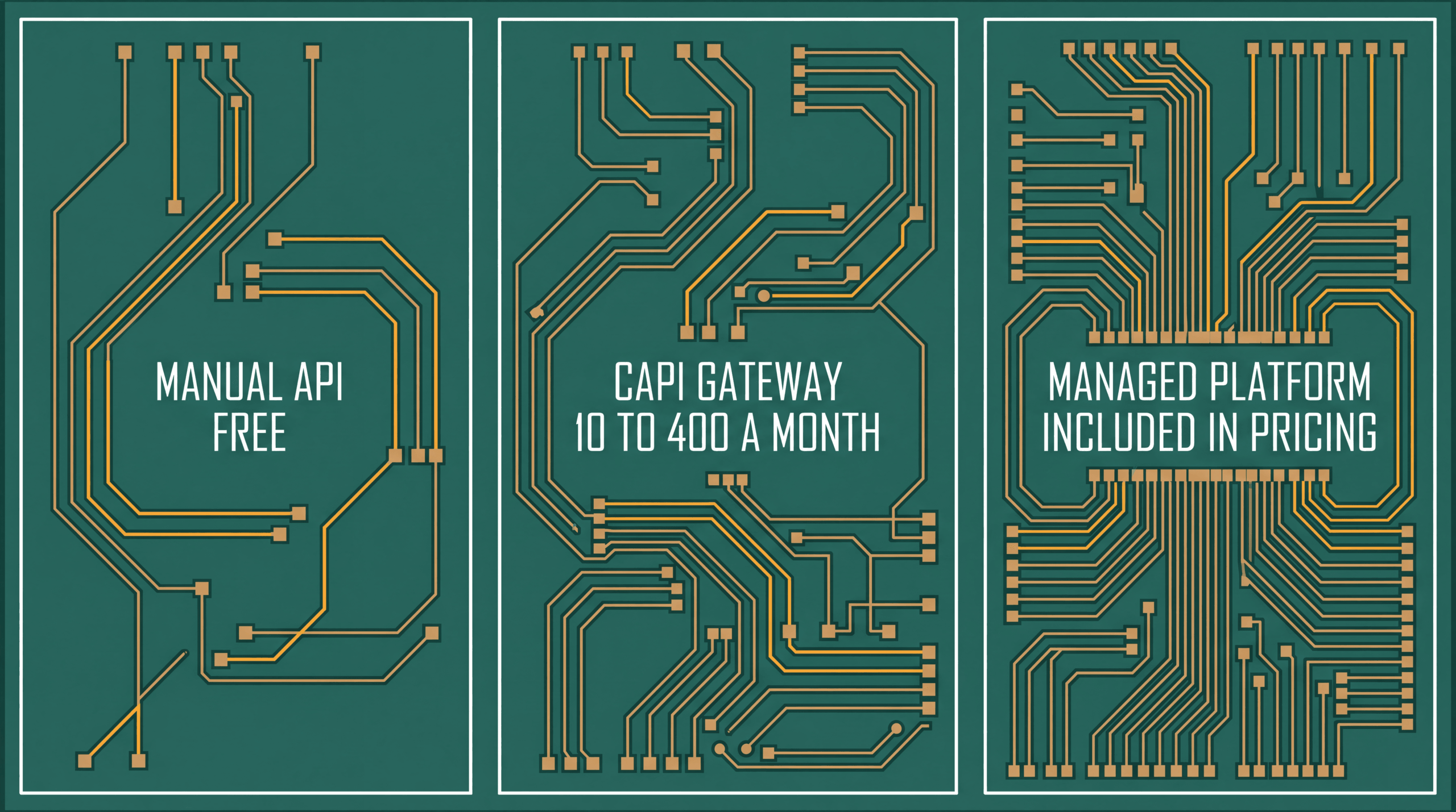 Three circuit zones comparing manual API for free, CAPI Gateway at 10 to 400 a month, and a managed platform included in pricing