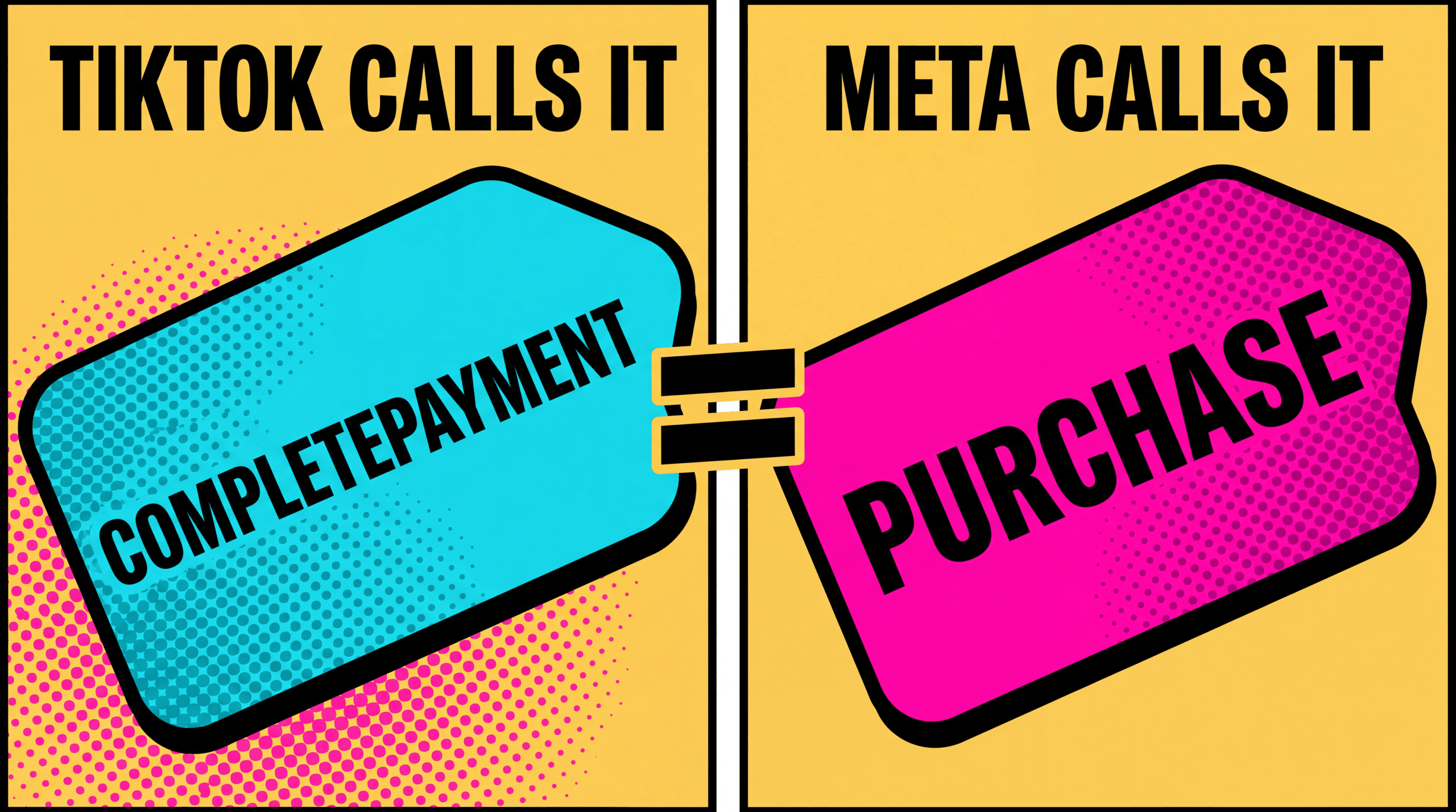 Two tags showing TikTok calls it CompletePayment while Meta calls it Purchase