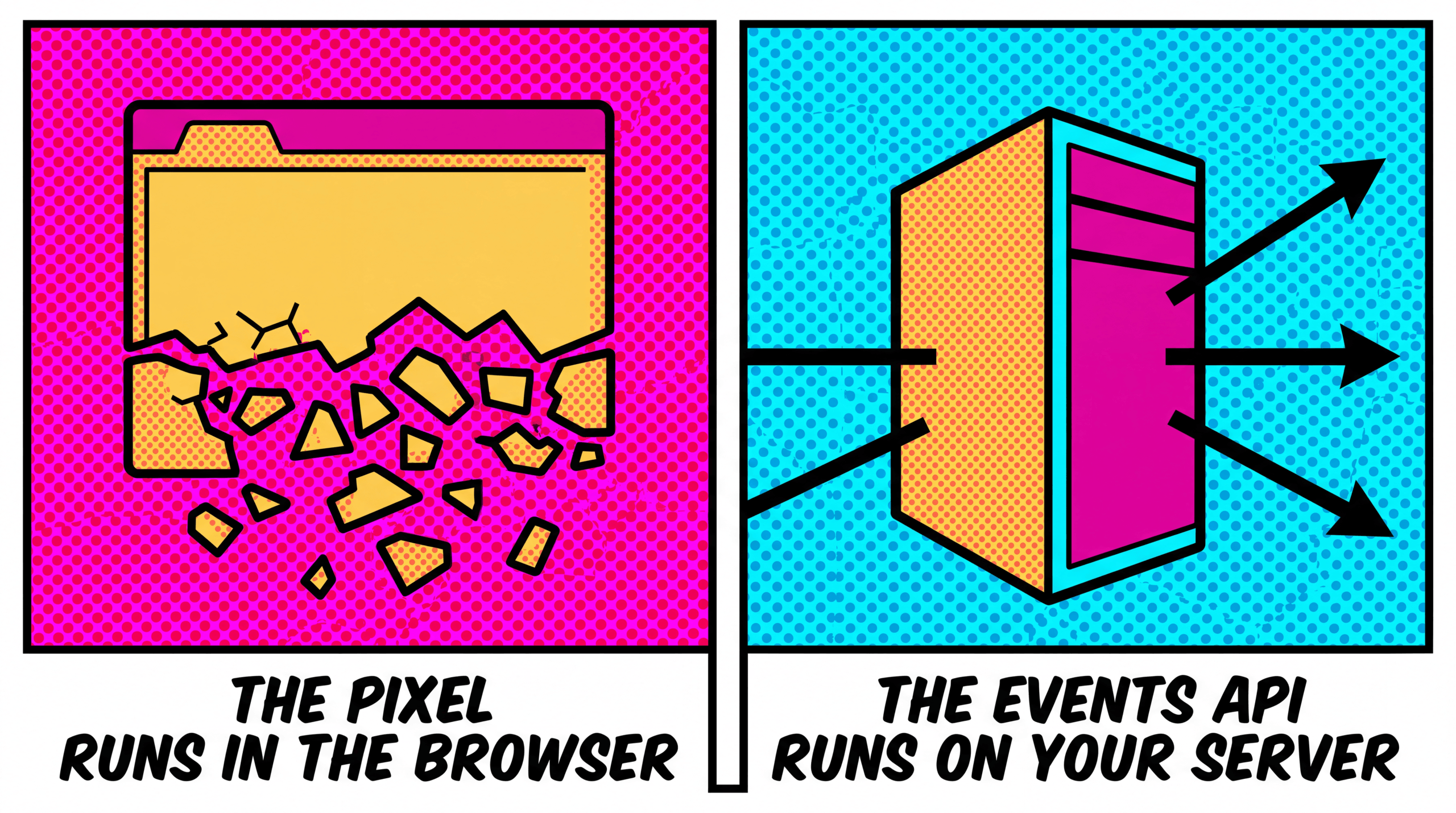 Two comic panels contrasting the Pixel running in a crumbling browser against the Events API running on an intact server