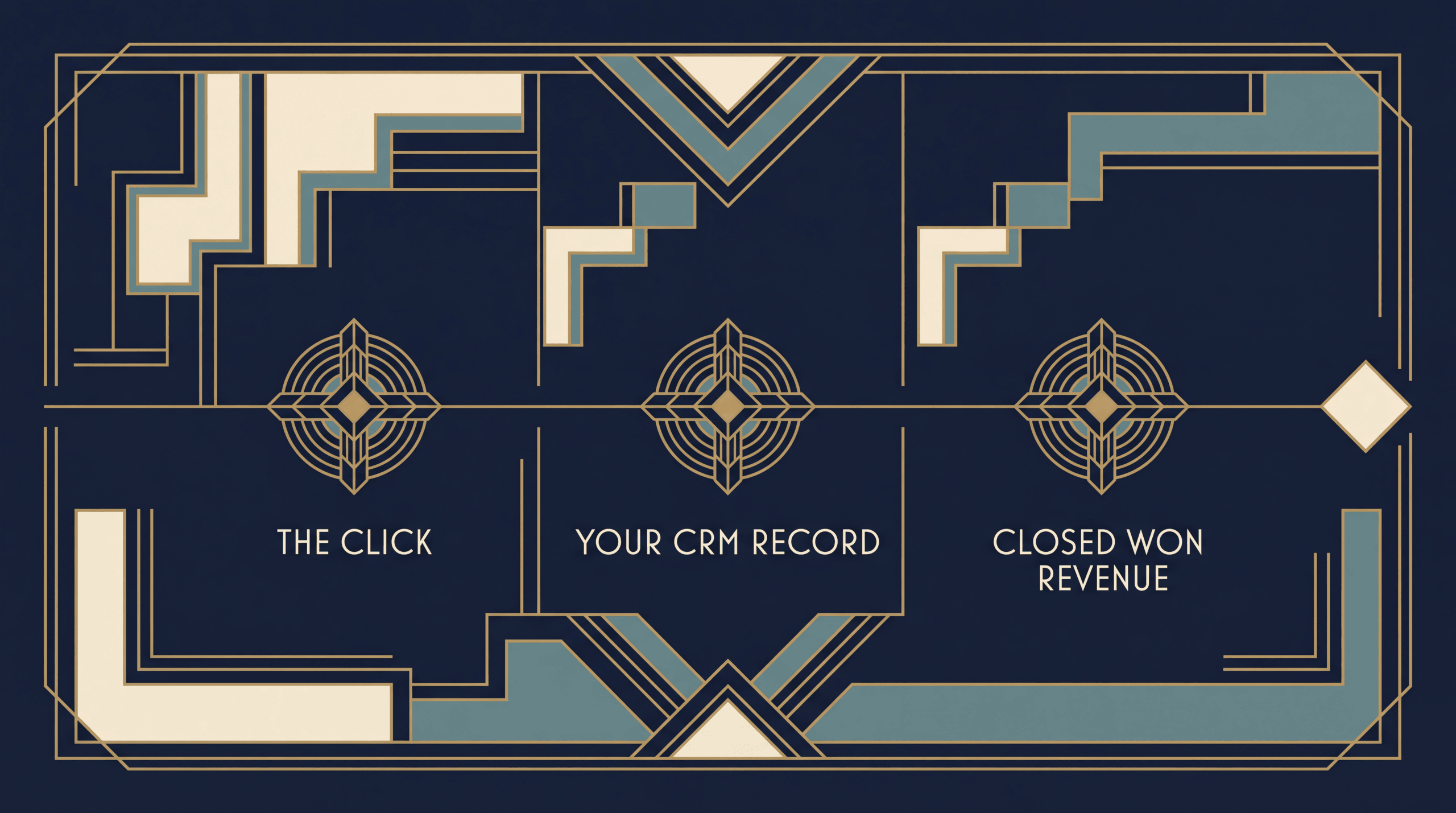 An unbroken thread through three deco medallions linking the click to your CRM record to closed won revenue