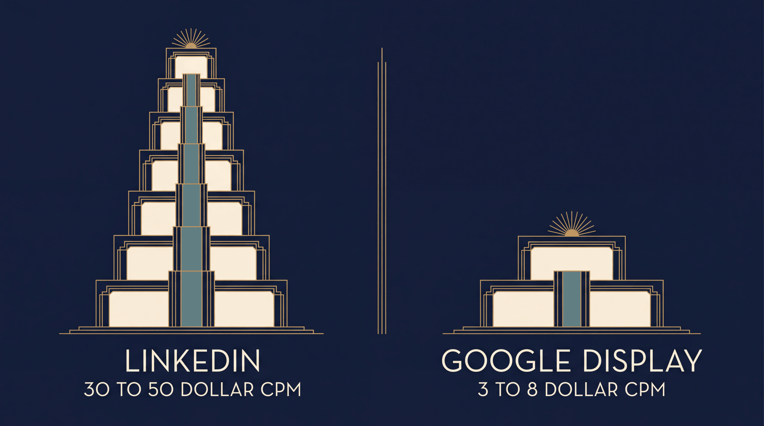 Two deco towers comparing LinkedIn at a 30 to 50 dollar CPM against Google Display at a 3 to 8 dollar CPM