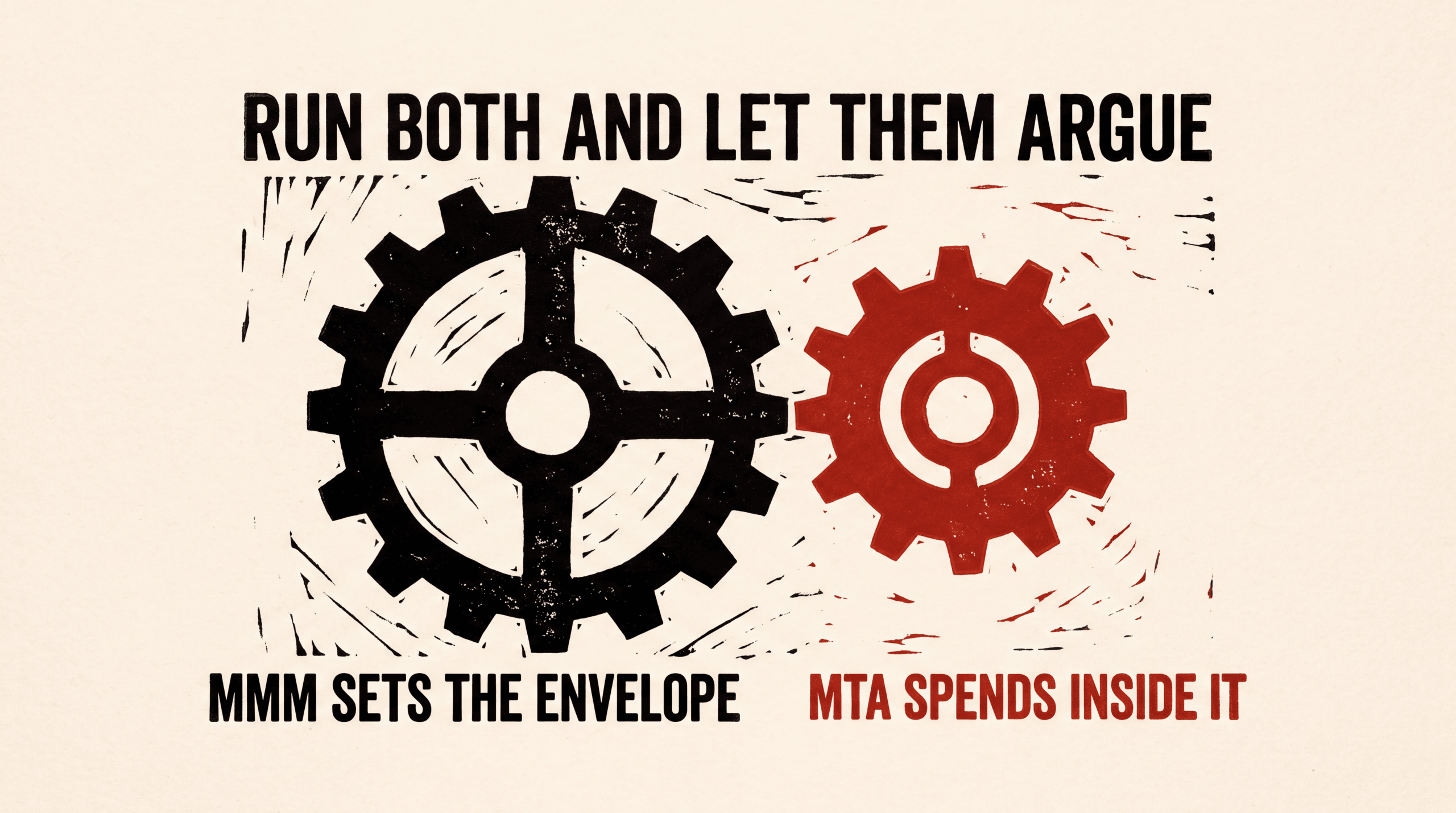 Two meshing carved gears labelled MMM sets the envelope and MTA spends inside it