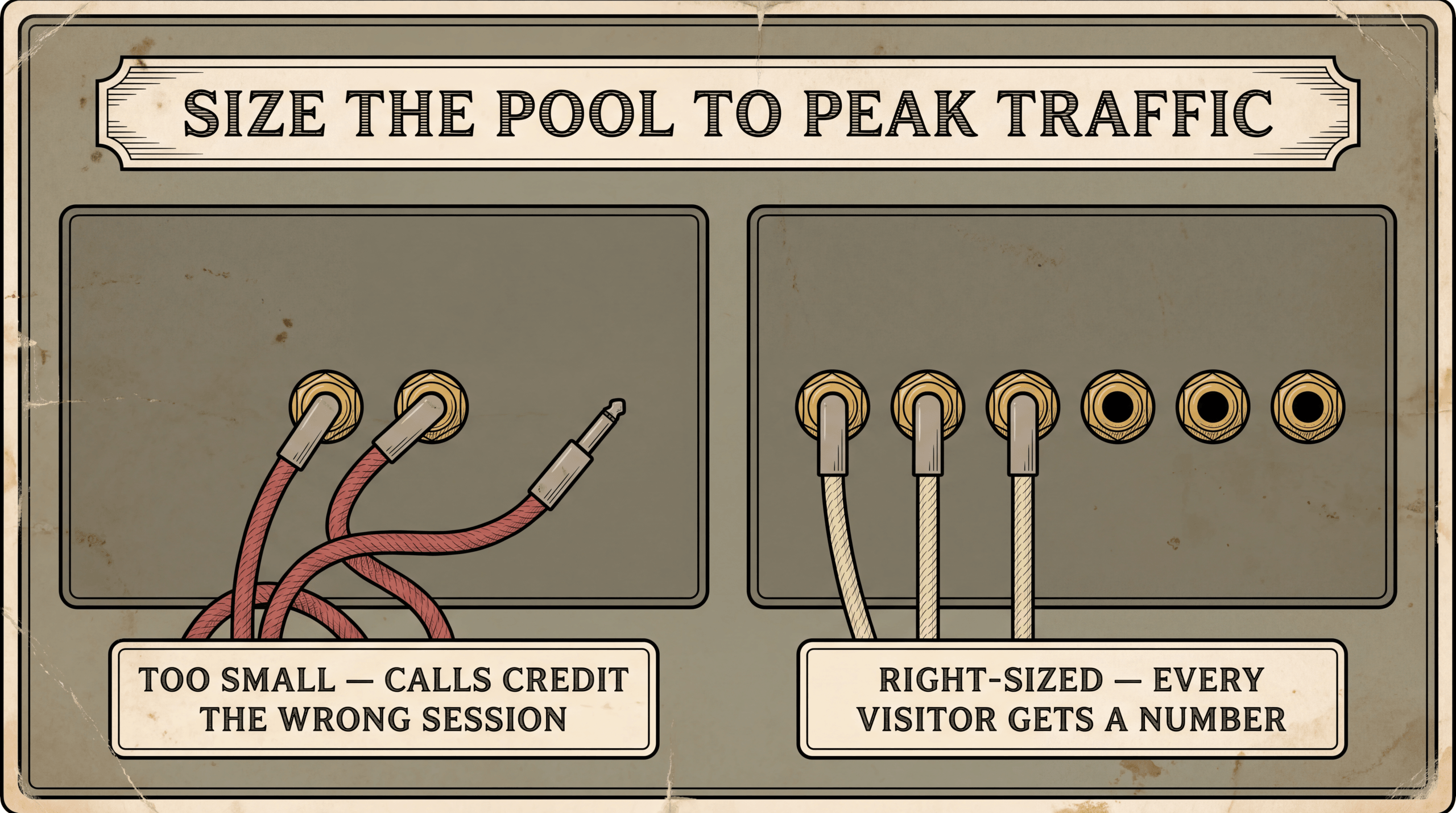 Two panels contrasting a too-small number pool with a dangling cord against a right-sized pool with open sockets