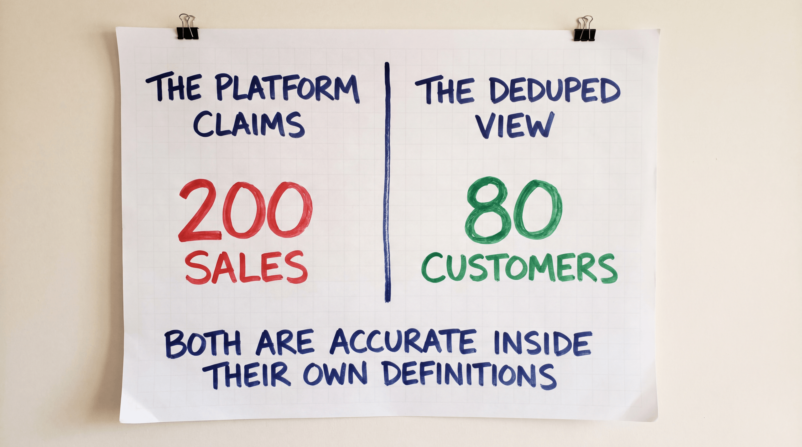 Flip-chart split showing the platform claiming 200 sales while the deduplicated view shows 80 customers