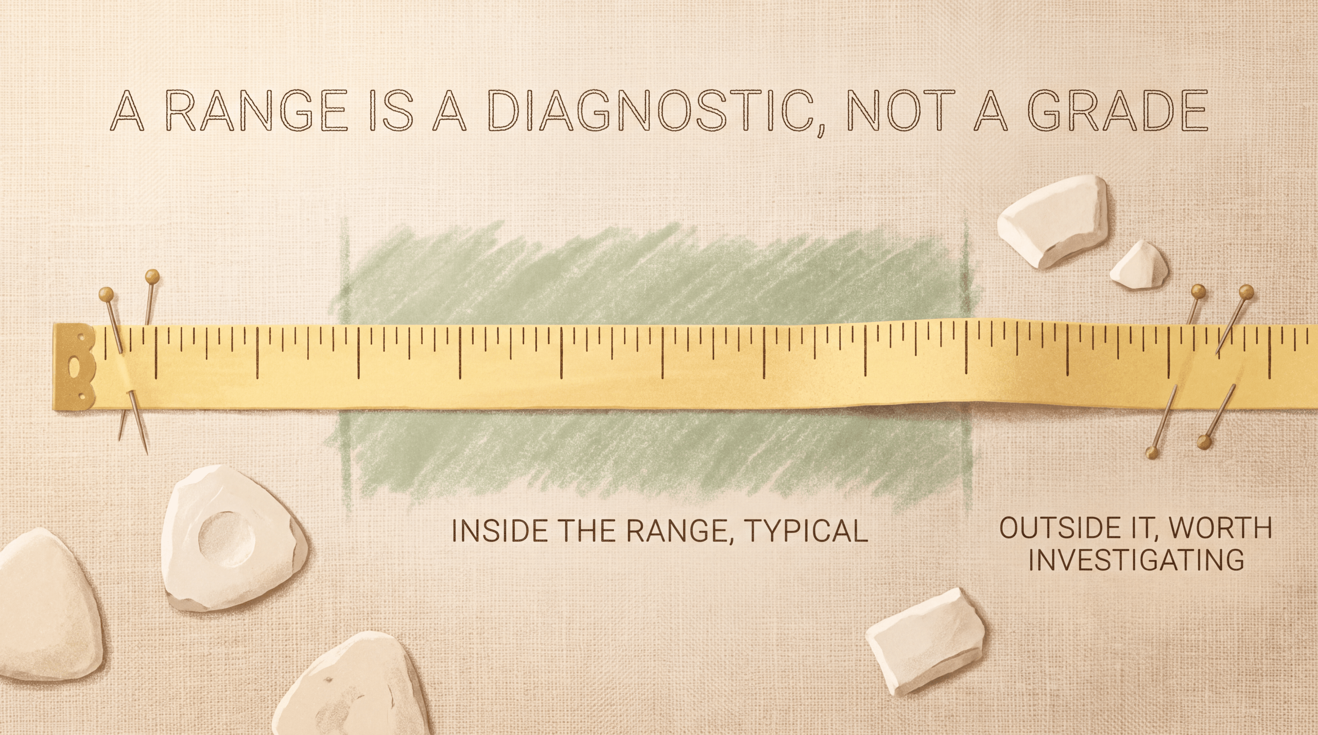 Measuring tape over a chalked band: inside the range is typical, outside it is worth investigating