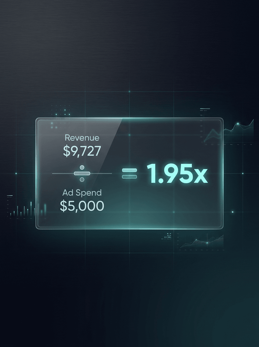 ROAS equation: revenue divided by ad spend equals 1.95x