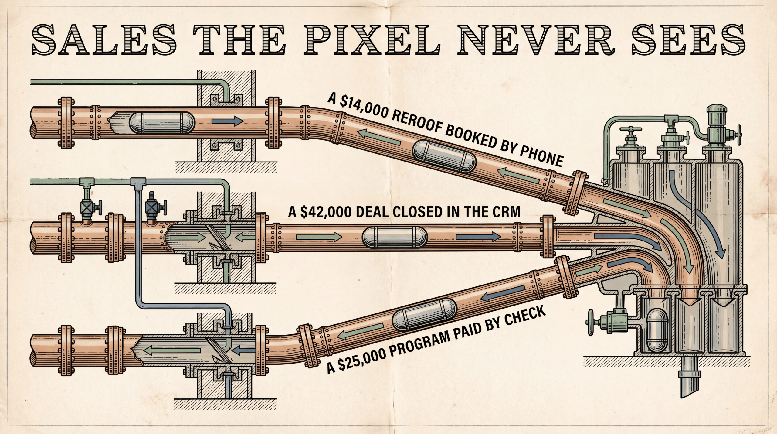 Three tubes converging with capsules for a $14,000 phone booking, a $42,000 CRM deal, and a $25,000 check payment
