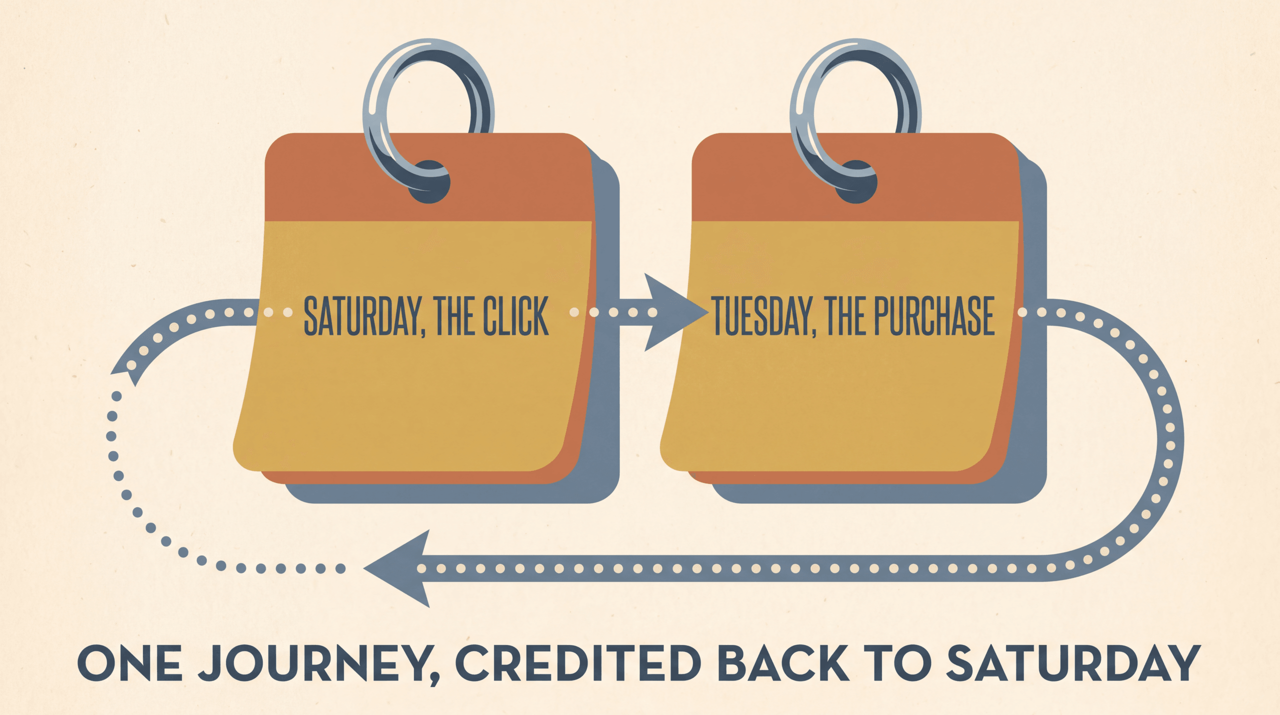 Two calendar cards linked by an arrow: the Saturday click and the Tuesday purchase, one journey credited back to Saturday