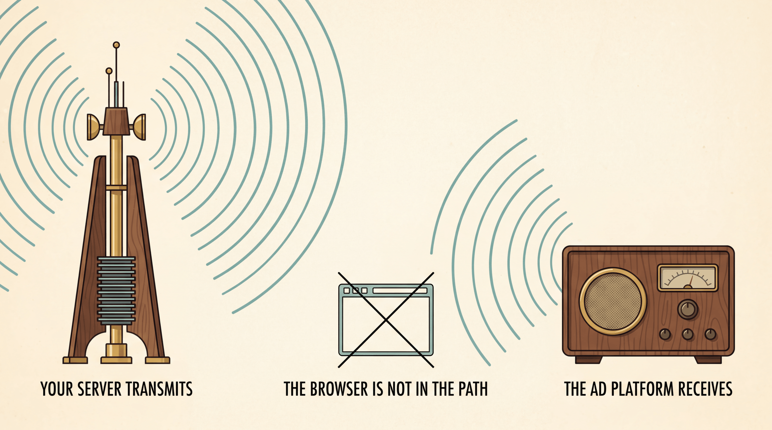 Broadcast diagram: your server transmits, the ad platform receives, the browser is not in the path