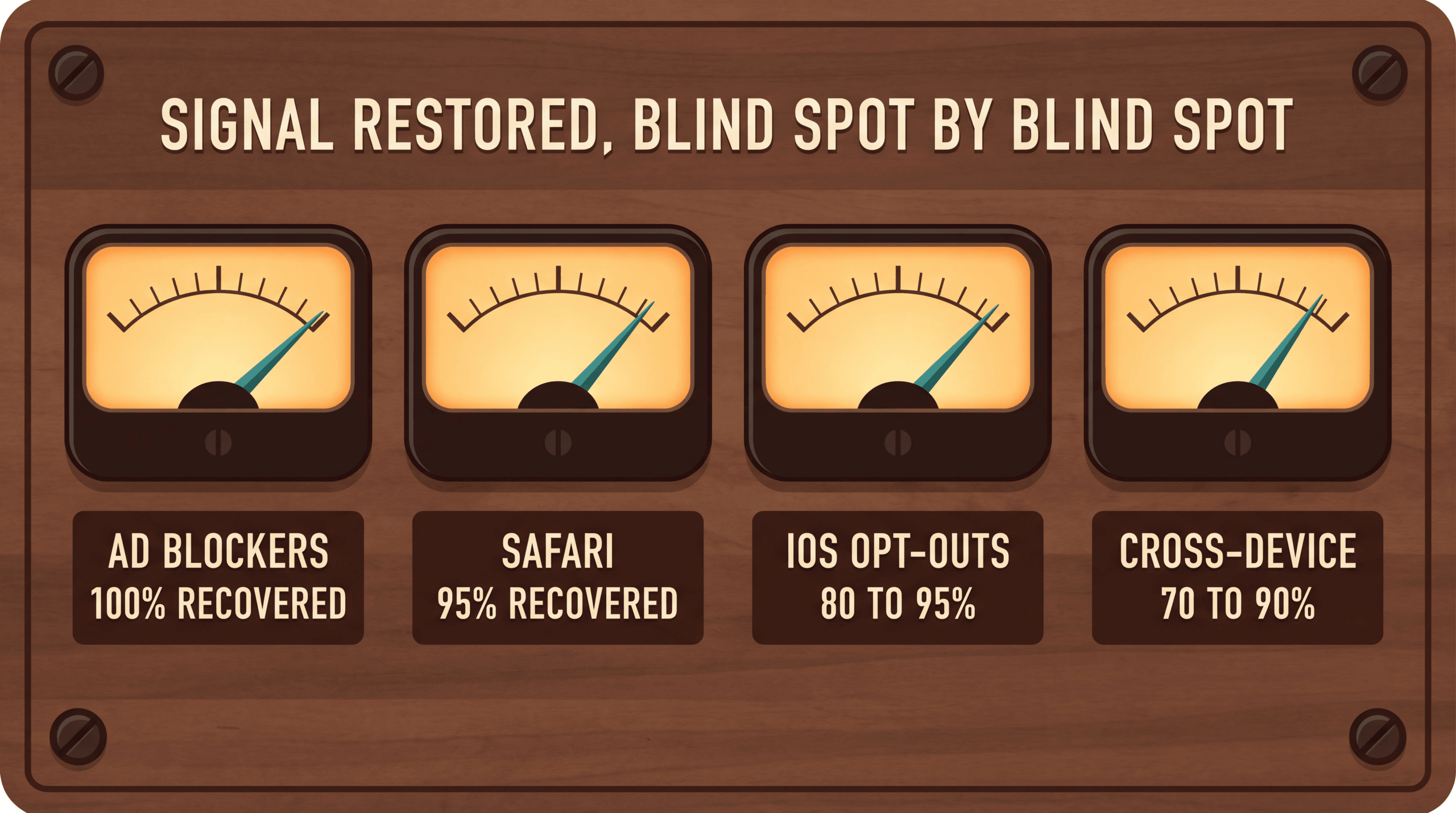 Four VU meters showing recovery rates: ad blockers 100 percent, Safari 95, iOS opt-outs 80 to 95, cross-device 70 to 90