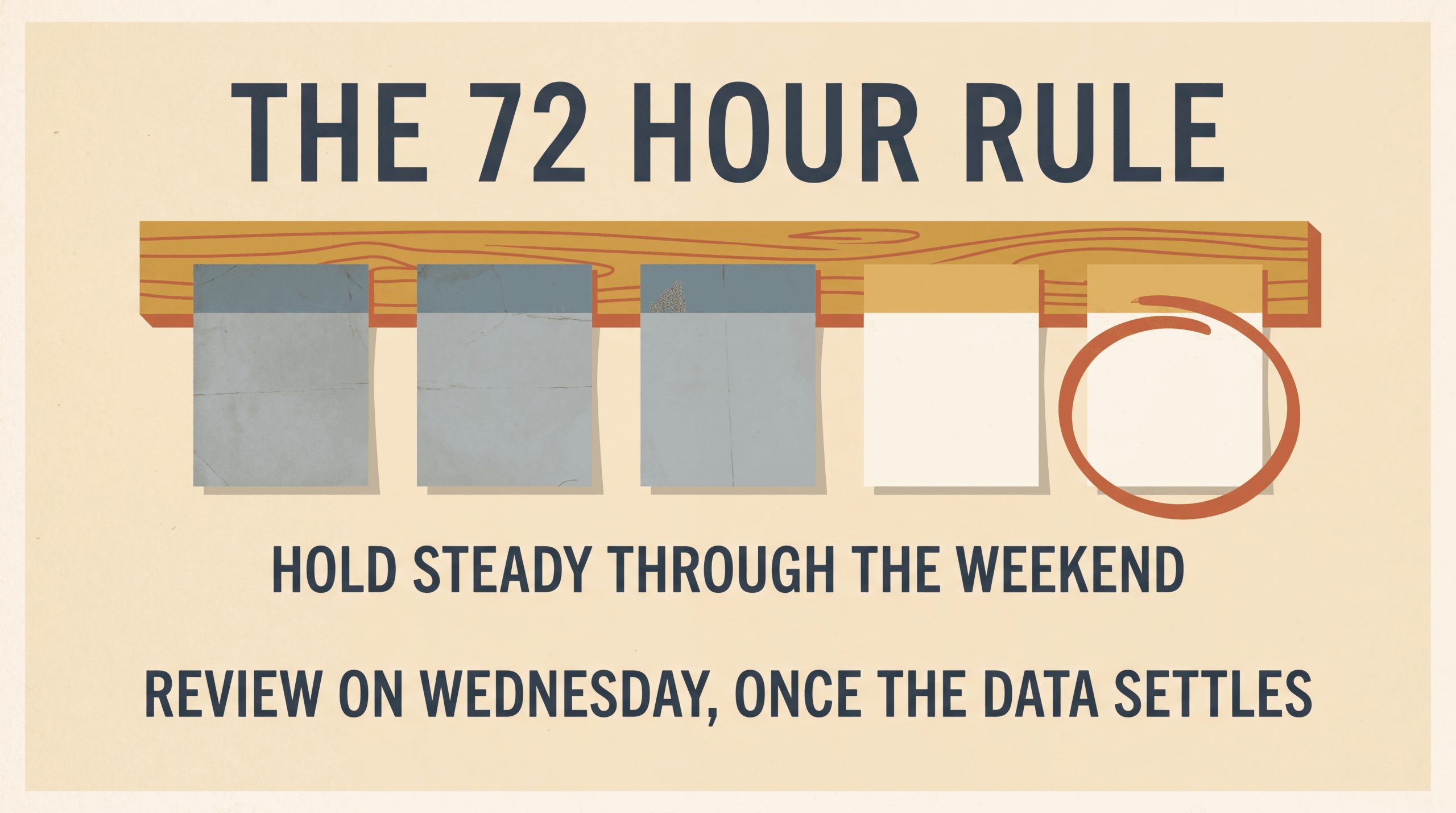Week strip with Wednesday circled: hold steady through the weekend, review once the data settles