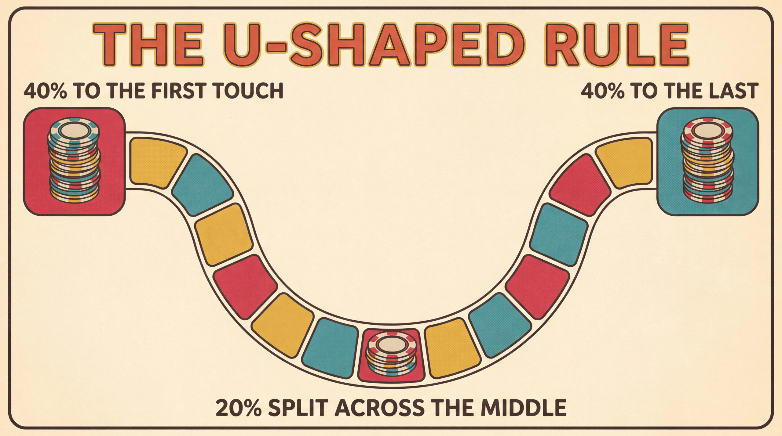 U-shaped board path with credit chip stacks: 40 percent to the first touch, 40 to the last, 20 across the middle