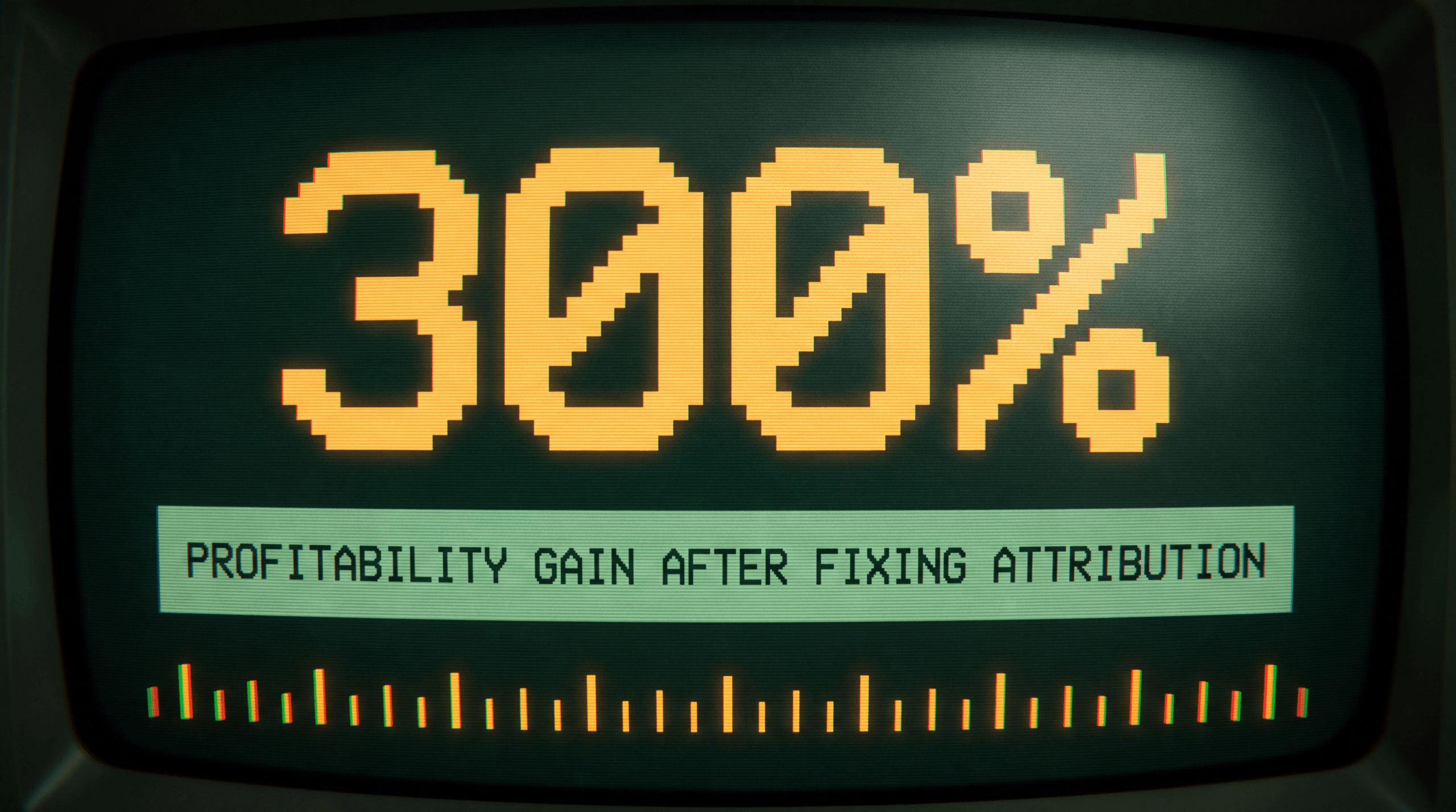 A CRT display reading 300% above a bar labelled profitability gain after fixing attribution