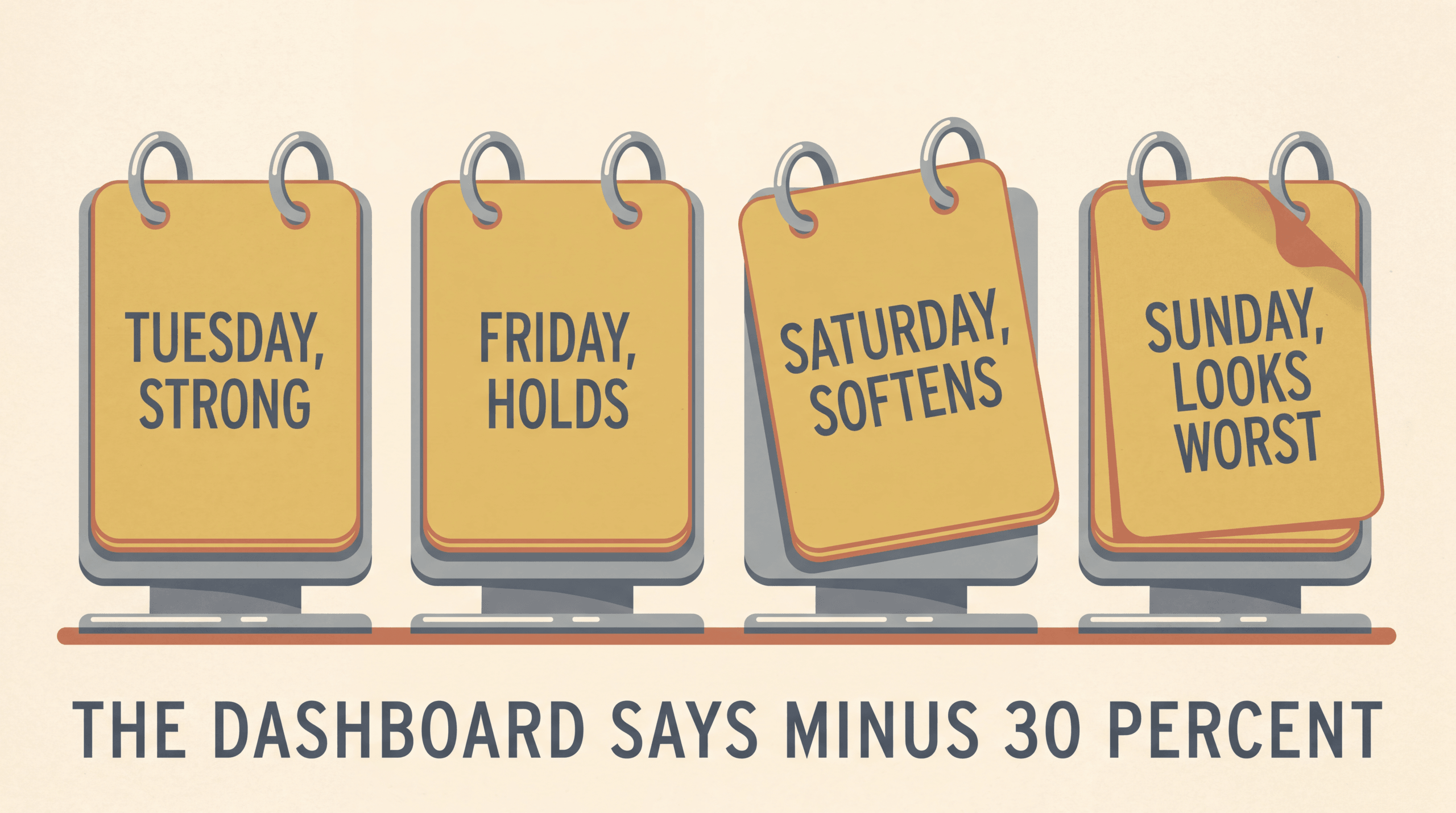 Calendar cards showing Tuesday strong, Friday holds, Saturday softens, Sunday looks worst, the dashboard says minus 30 percent