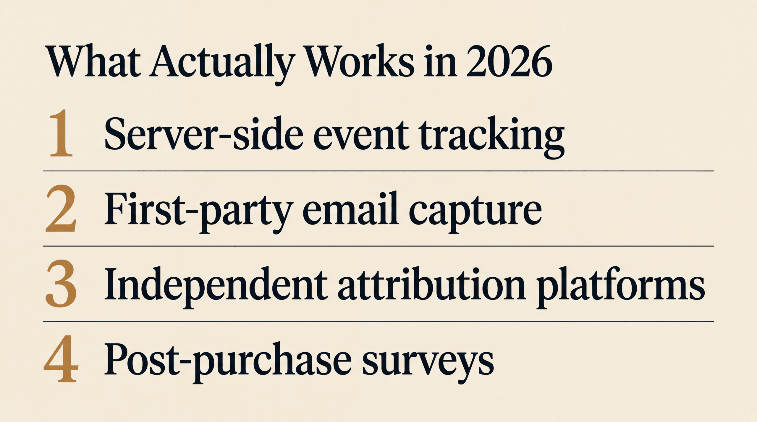 Four fixes that work in 2026: server-side event tracking, first-party email capture, independent attribution platforms, post-purchase surveys