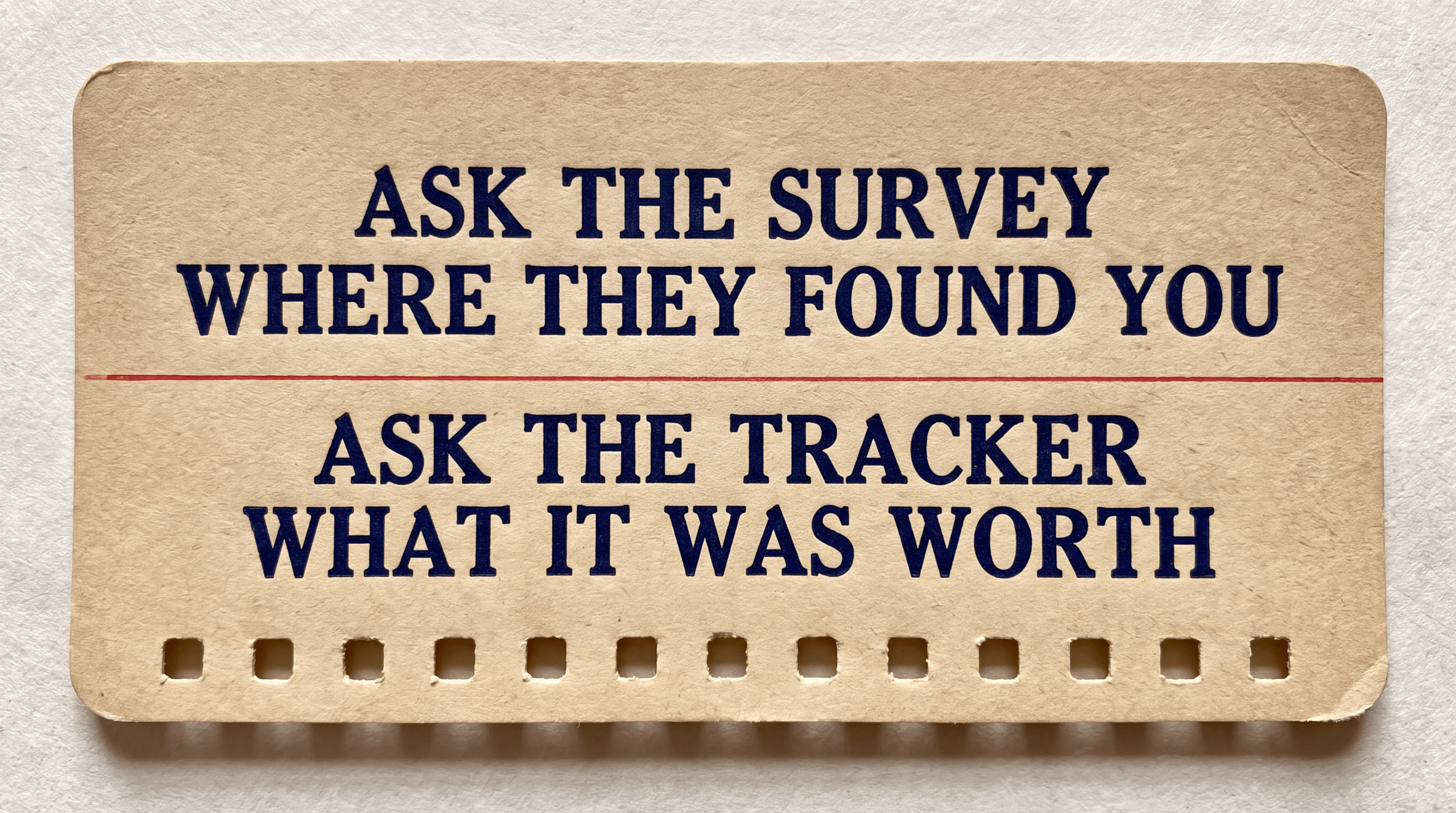 Punch-card decision matrix pairing each attribution question with surveys or tracked data