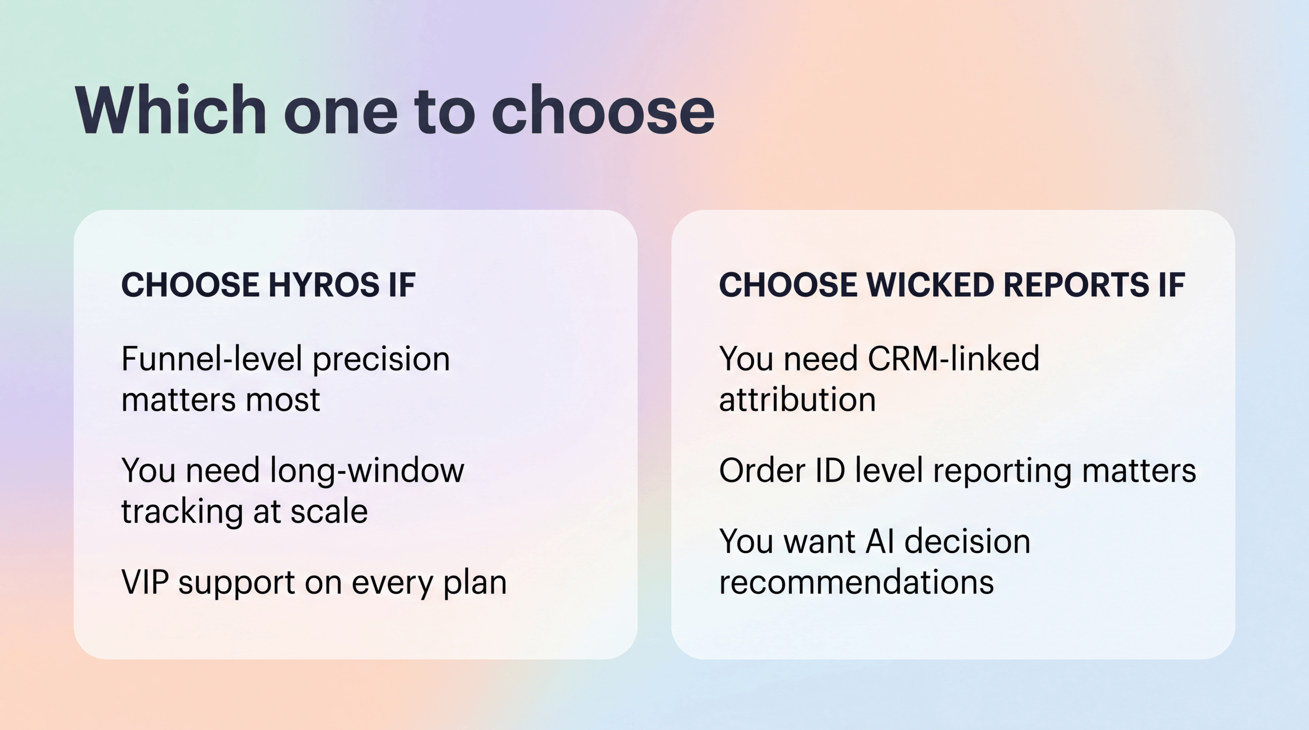 Choose Hyros for funnel-level precision, long-window tracking at scale and VIP support; choose Wicked Reports for CRM-linked attribution, order ID reporting and AI decision recommendations